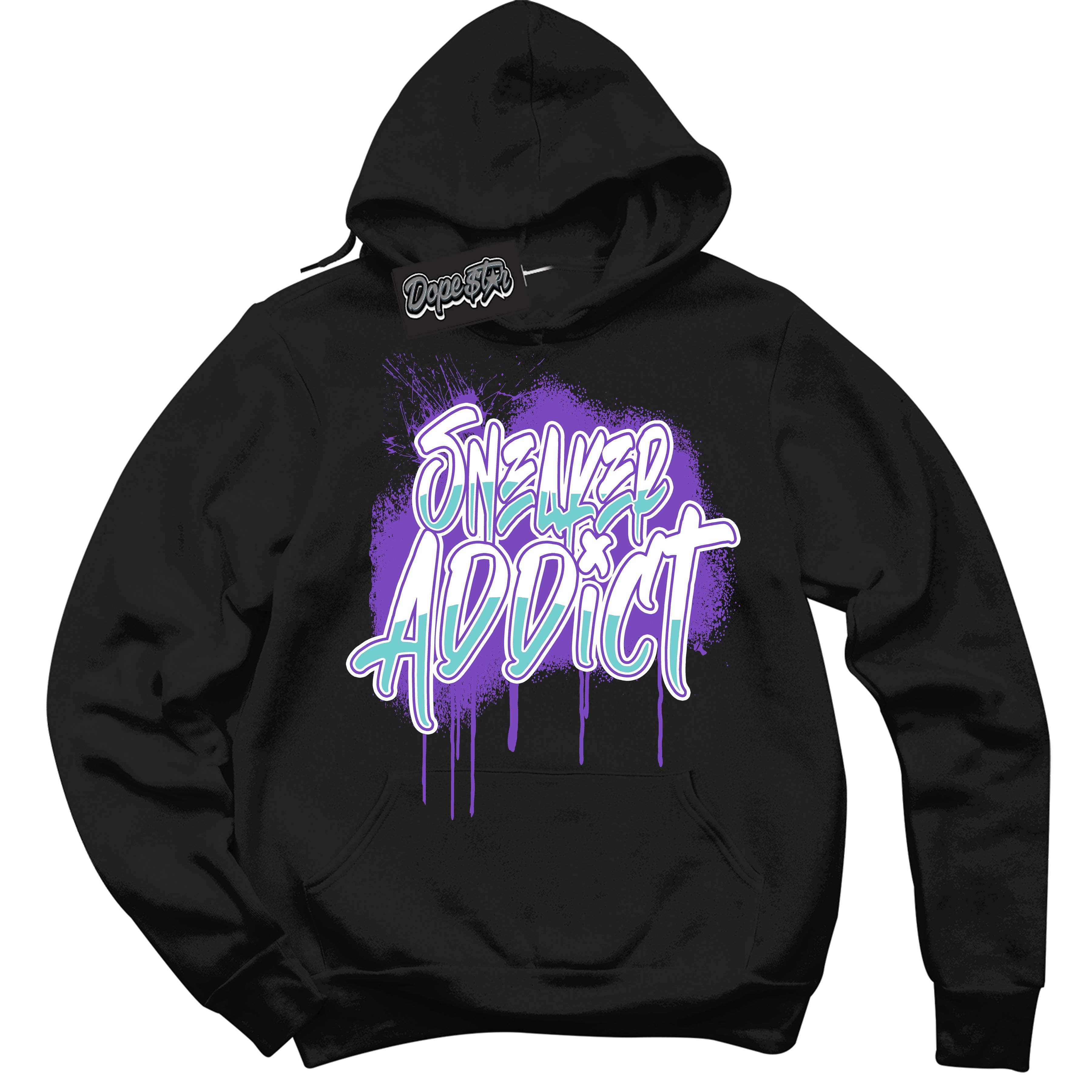 Cool Black Hoodie with “Sneaker Addict” design that Perfectly Matches Psychic Purple Hyper Jade 1s Jordans.