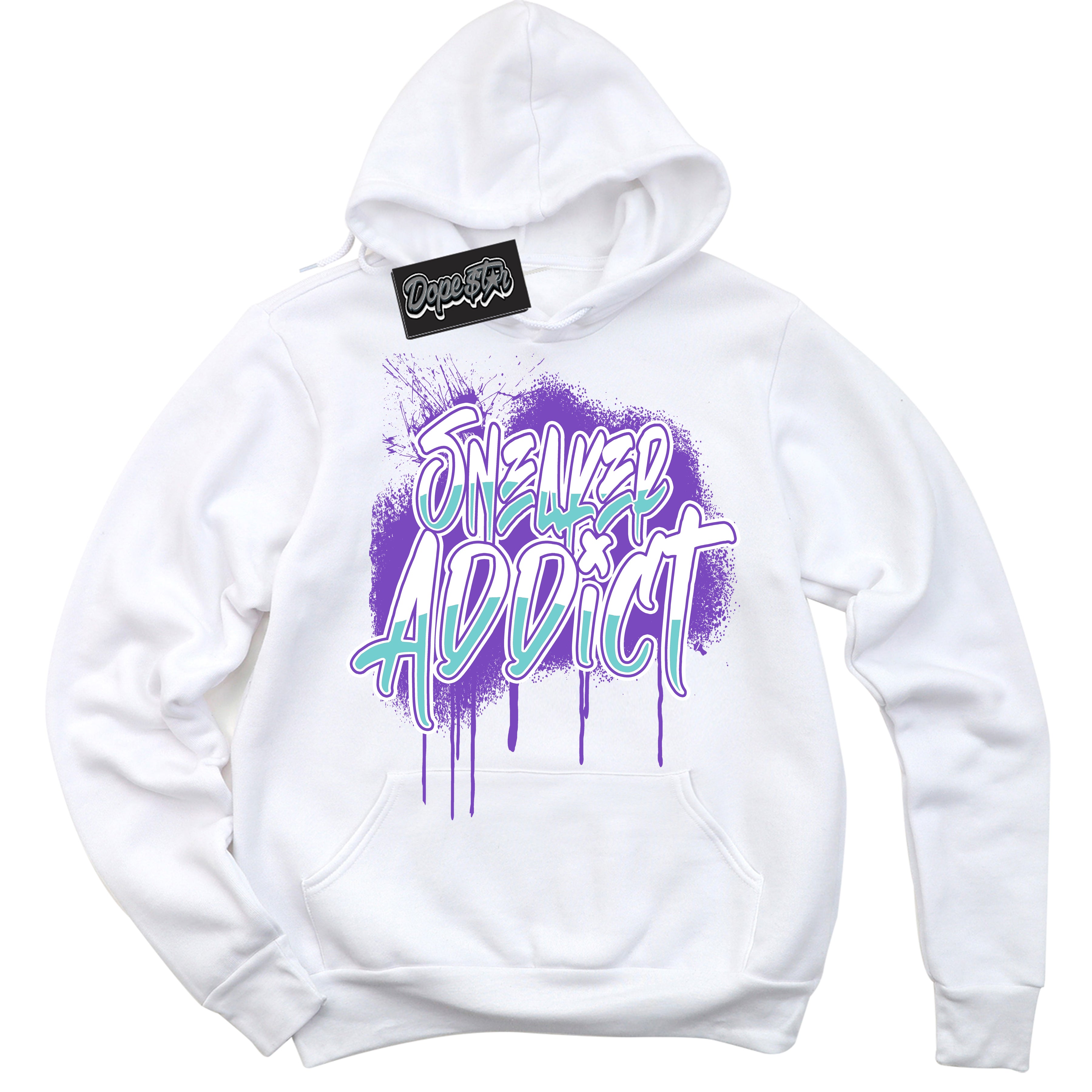 Cool White Hoodie with “Sneaker Addict” design that Perfectly Matches Psychic Purple Hyper Jade 1s Jordans.