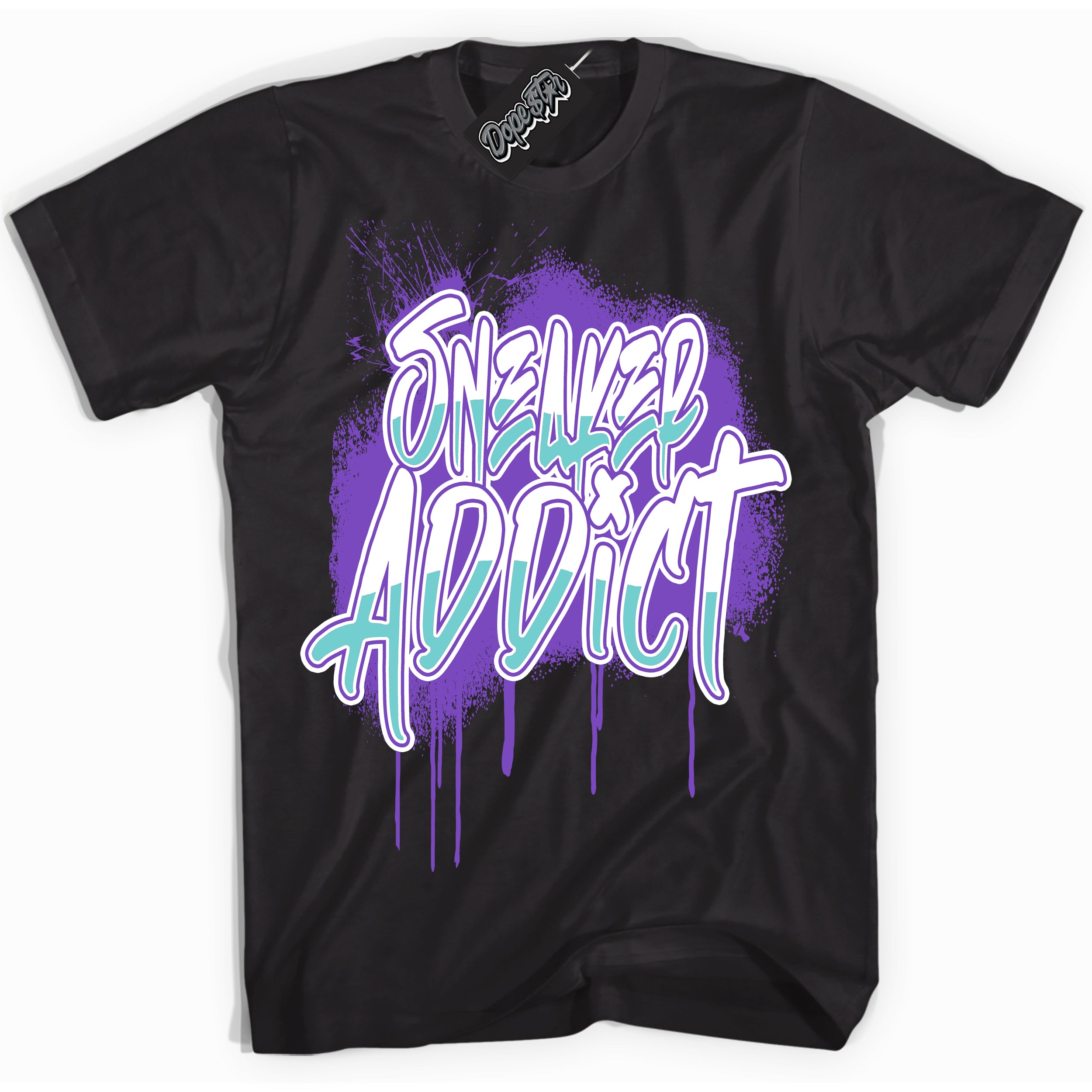 Cool Black Shirt with “Sneaker Addict” design that perfectly matches the Psychic Purple Hyper Jade 1s Jordans.