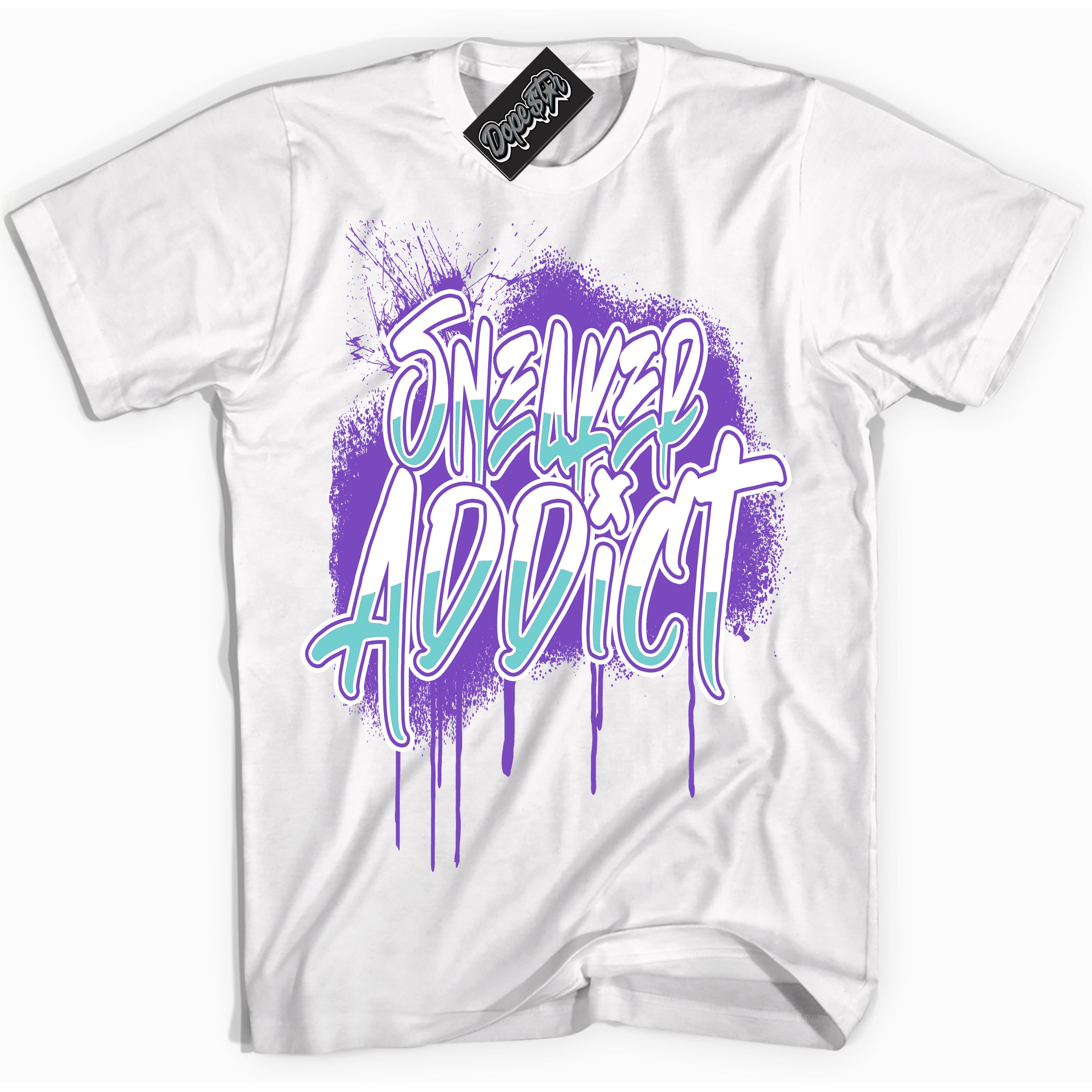 Cool White Shirt with “Sneaker Addict” design that perfectly matches the Psychic Purple Hyper Jade 1s Jordans.