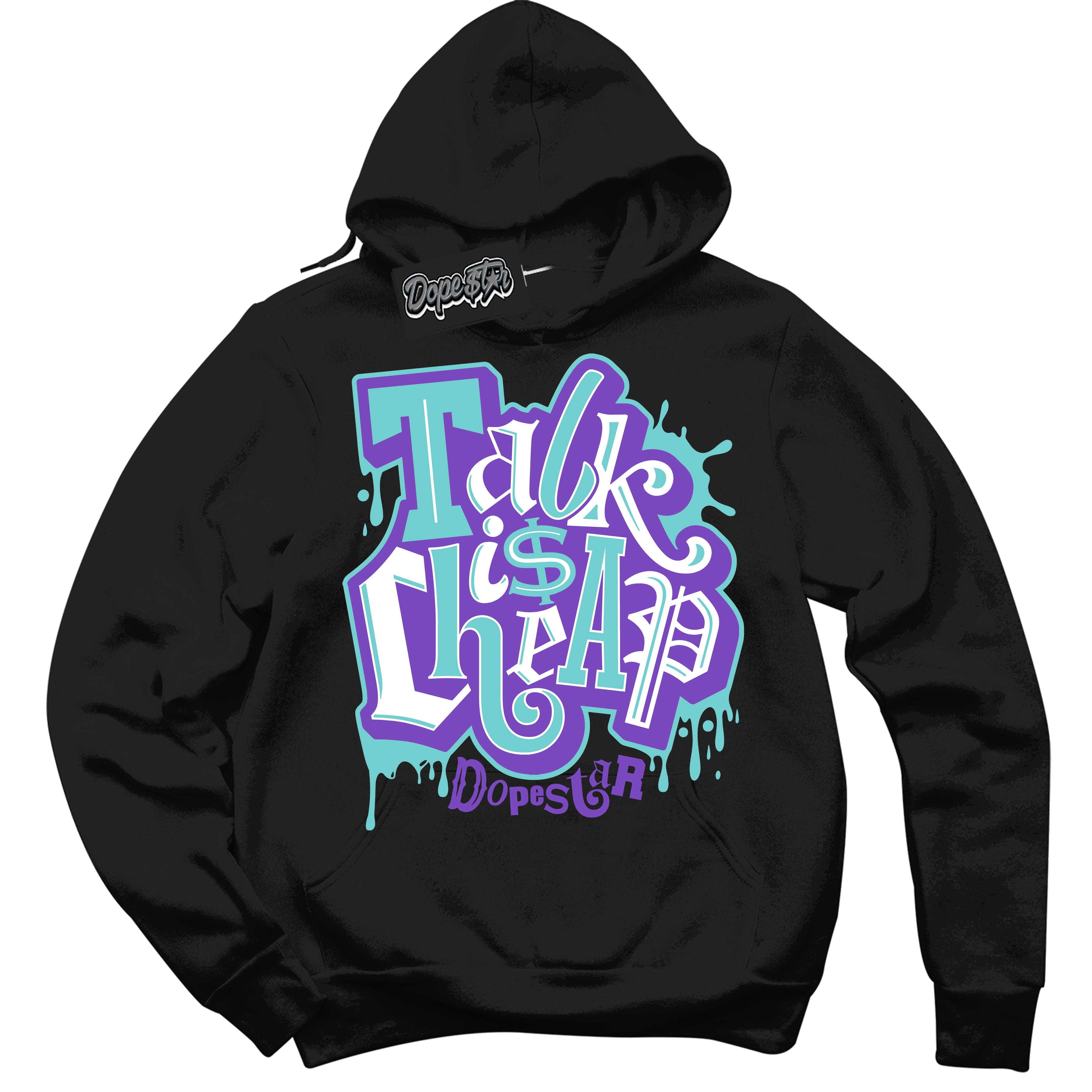 Cool Black Hoodie with “Talk Is Cheap” design that Perfectly Matches Psychic Purple Hyper Jade 1s Jordans.