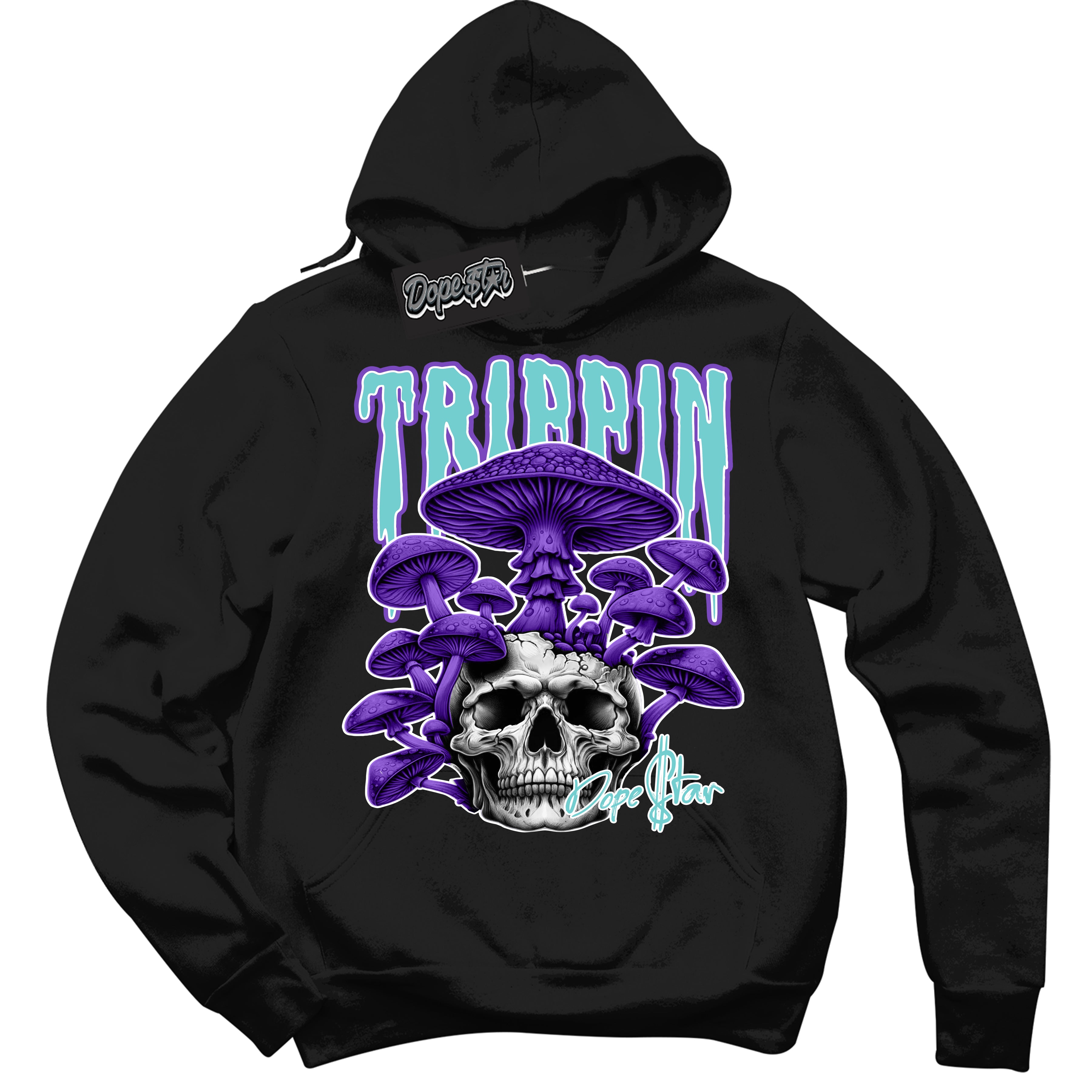 Cool Black Hoodie with “Trippin” design that Perfectly Matches Psychic Purple Hyper Jade 1s Jordans.