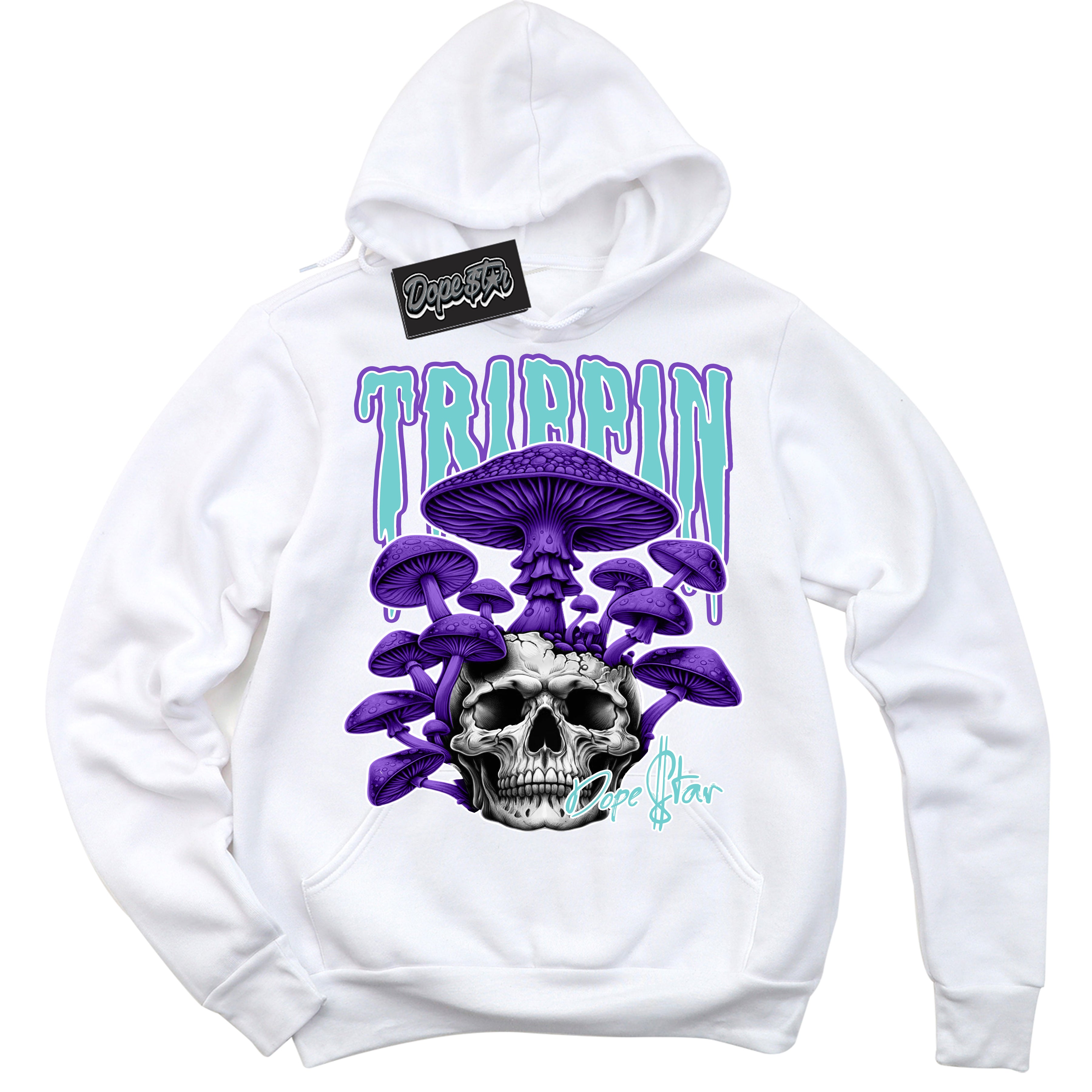 Cool White Hoodie with “Trippin” design that Perfectly Matches Psychic Purple Hyper Jade 1s Jordans.