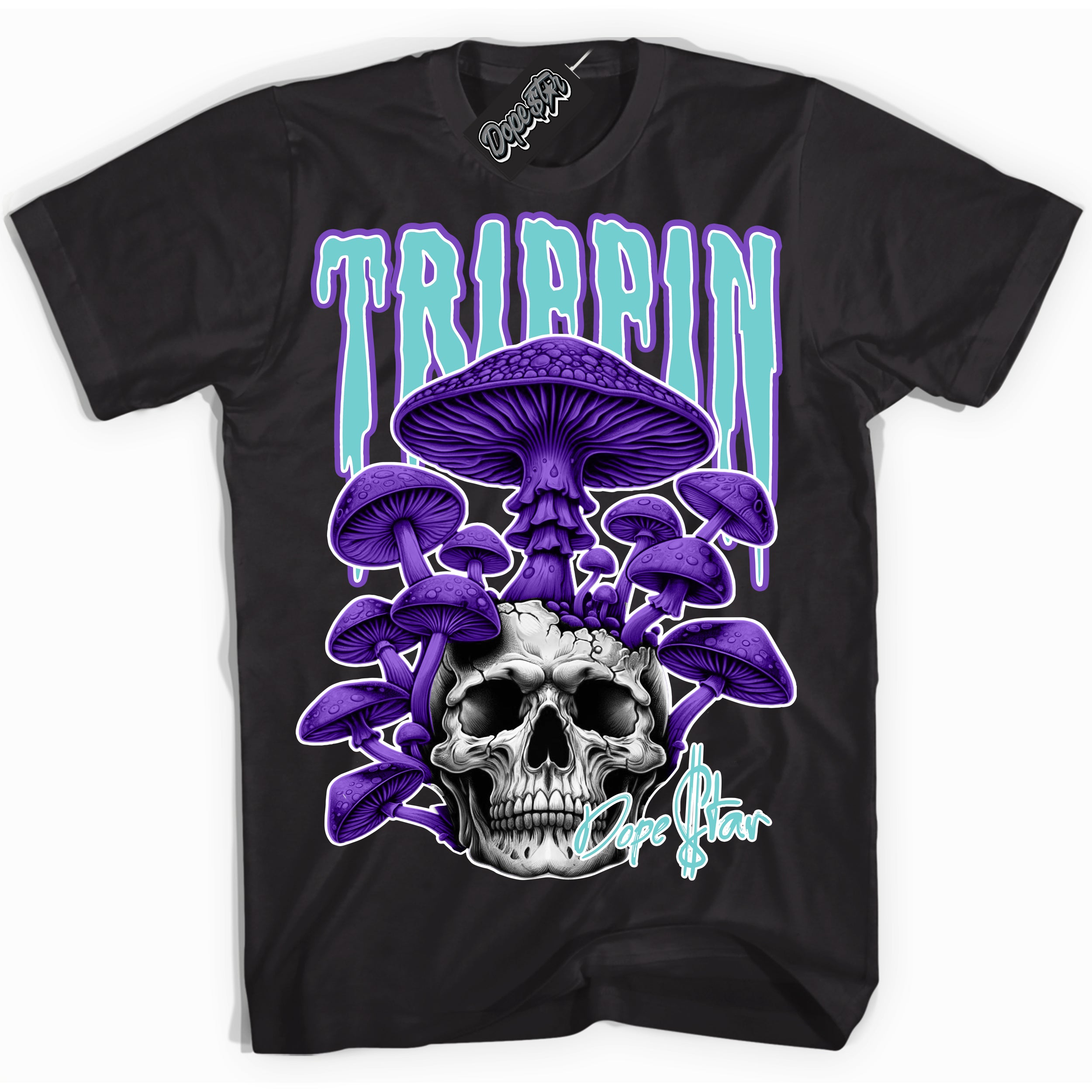 Cool Black Shirt with “Trippin” design that perfectly matches the Psychic Purple Hyper Jade 1s Jordans.