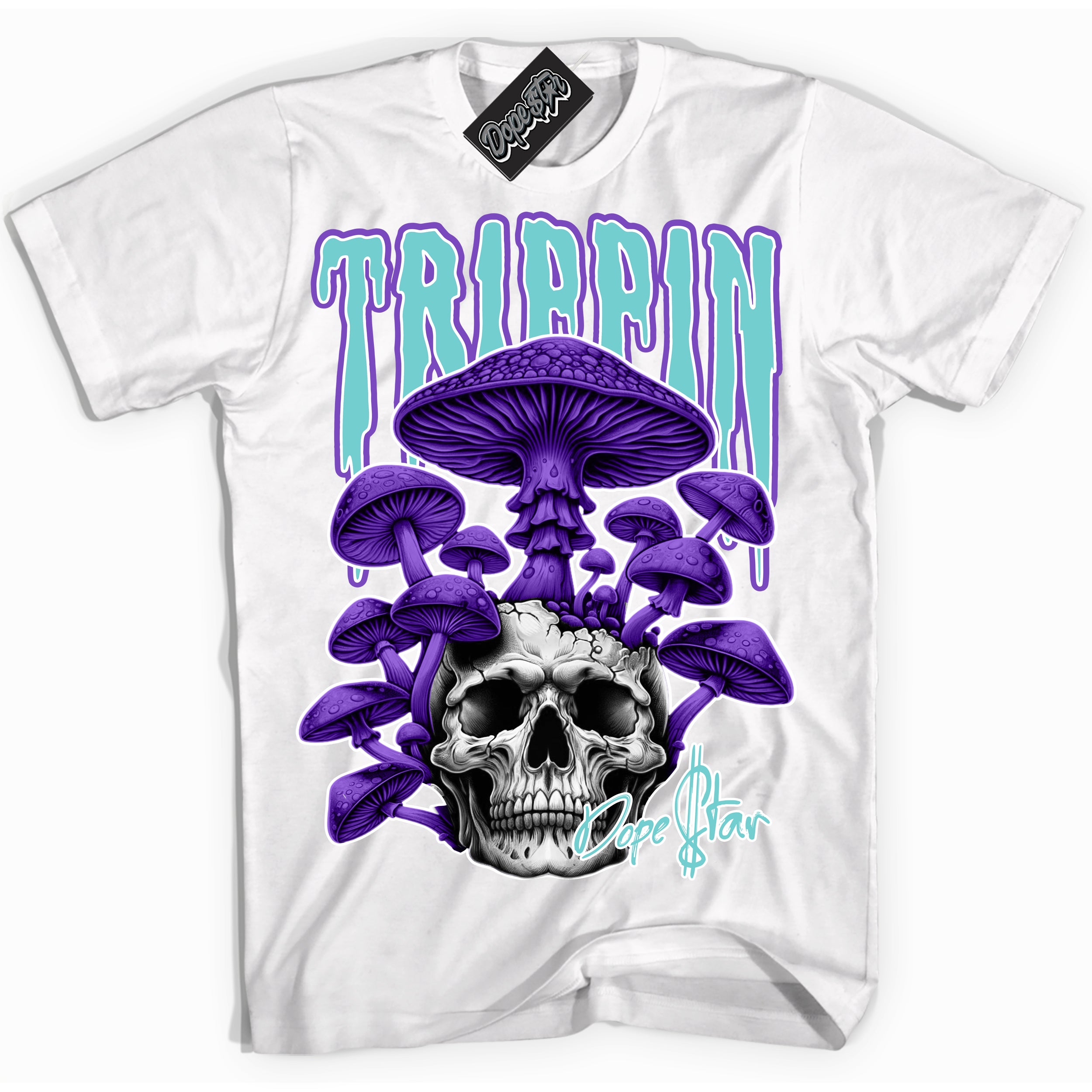 Cool White Shirt with “Trippin” design that perfectly matches the Psychic Purple Hyper Jade 1s Jordans.