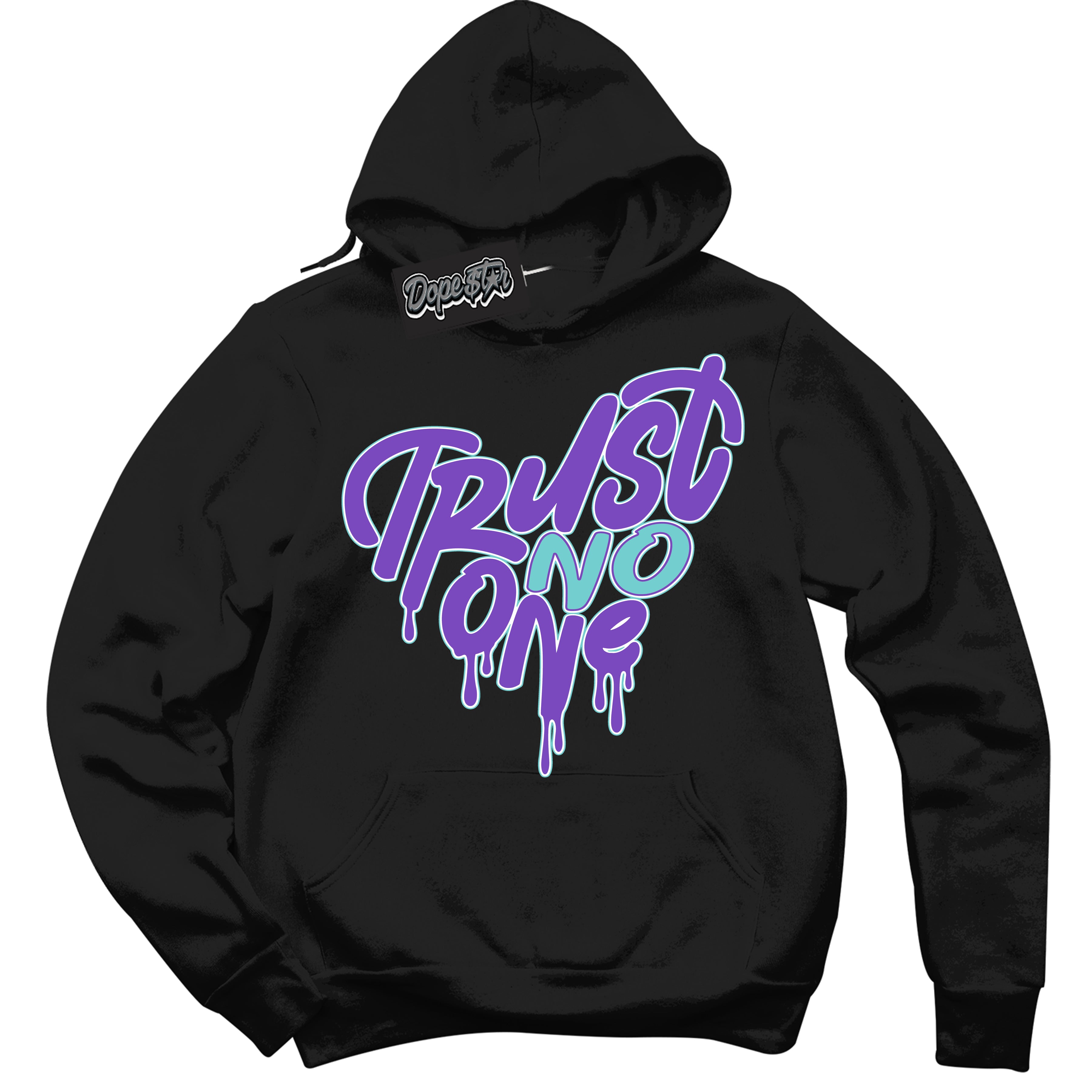 Cool Black Hoodie with “Trust No One Heart” design that Perfectly Matches Psychic Purple Hyper Jade 1s Jordans.