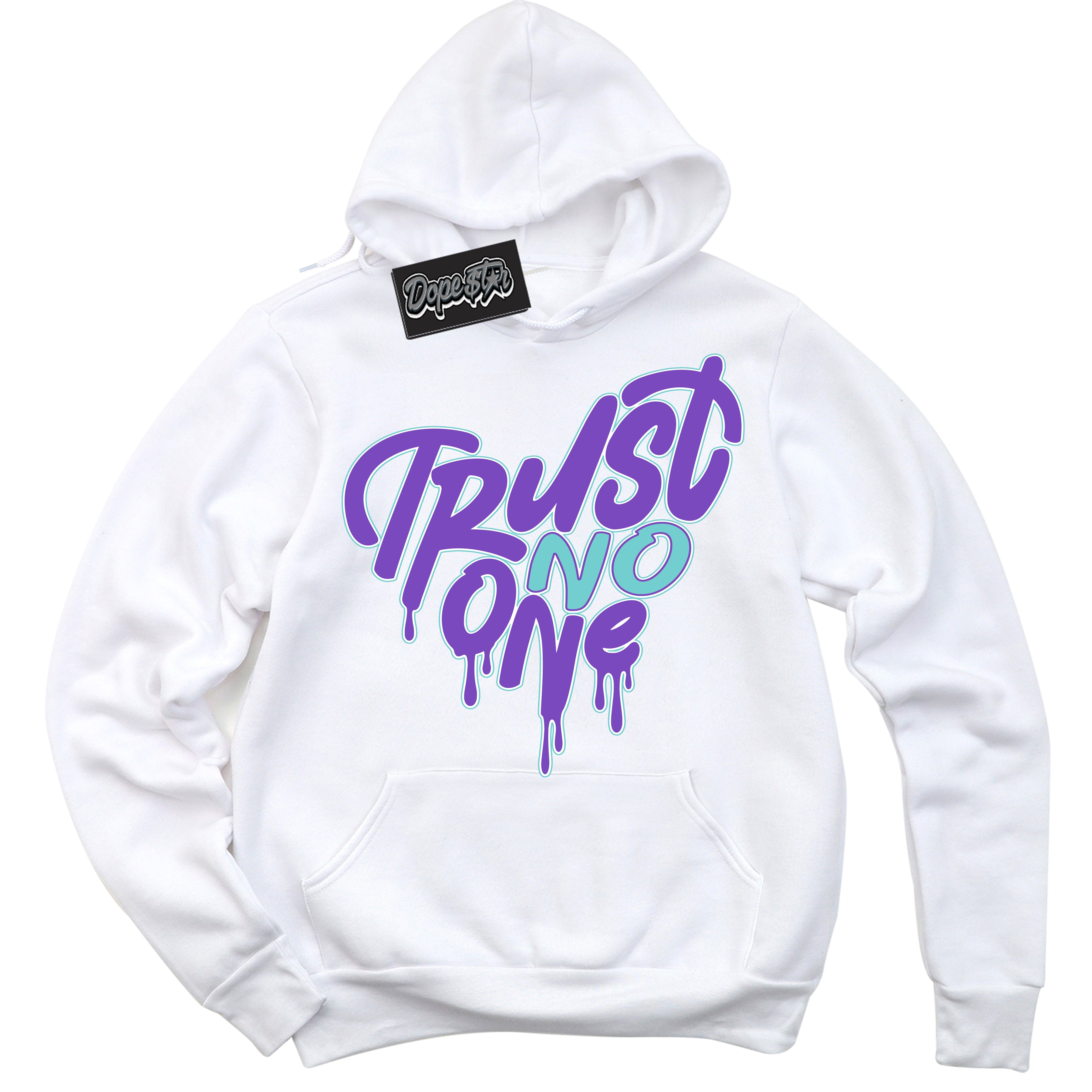 Cool White Hoodie with “Trust No One Heart” design that Perfectly Matches Psychic Purple Hyper Jade 1s Jordans.