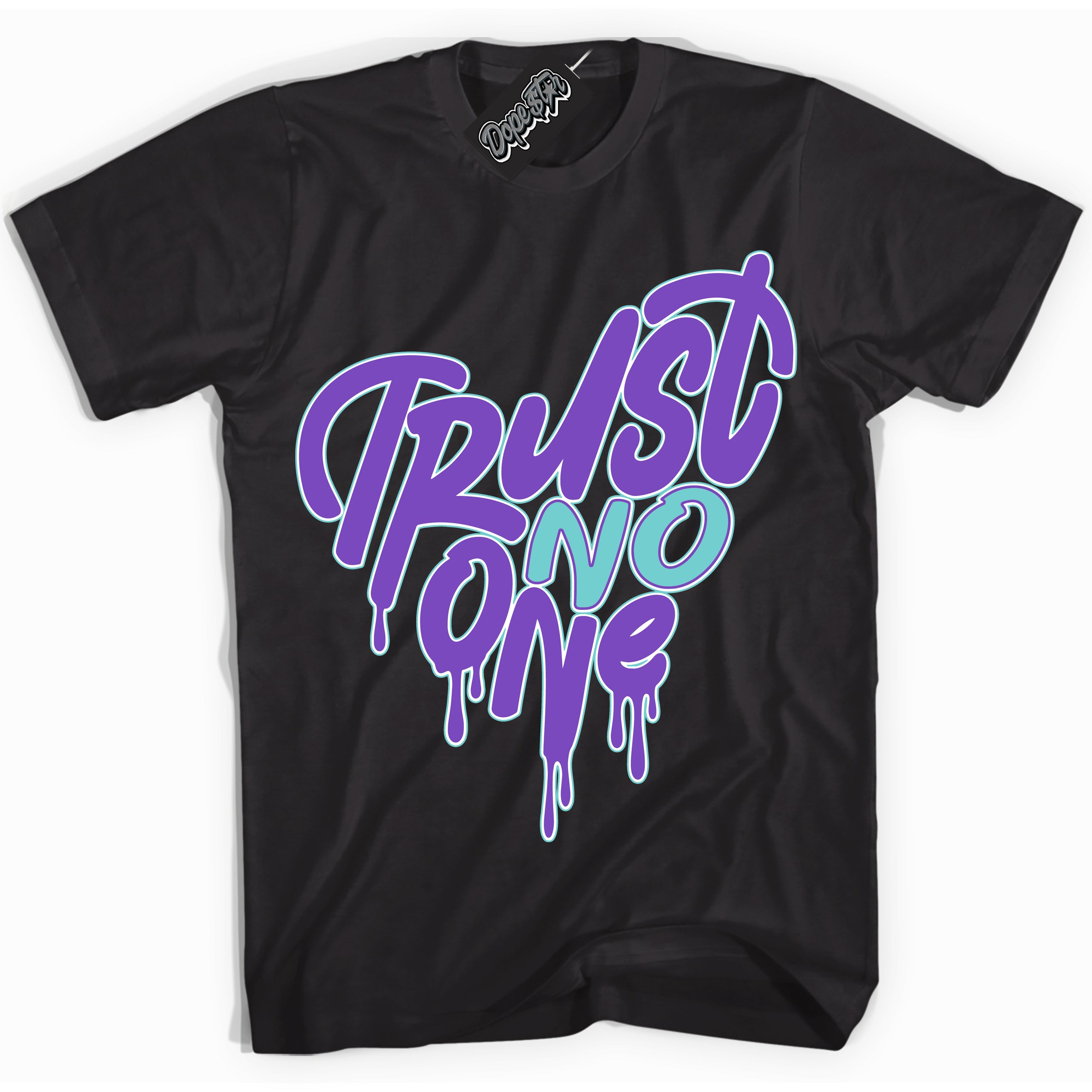 Cool Black Shirt with “Trust No One Heart” design that perfectly matches the Psychic Purple Hyper Jade 1s Jordans.