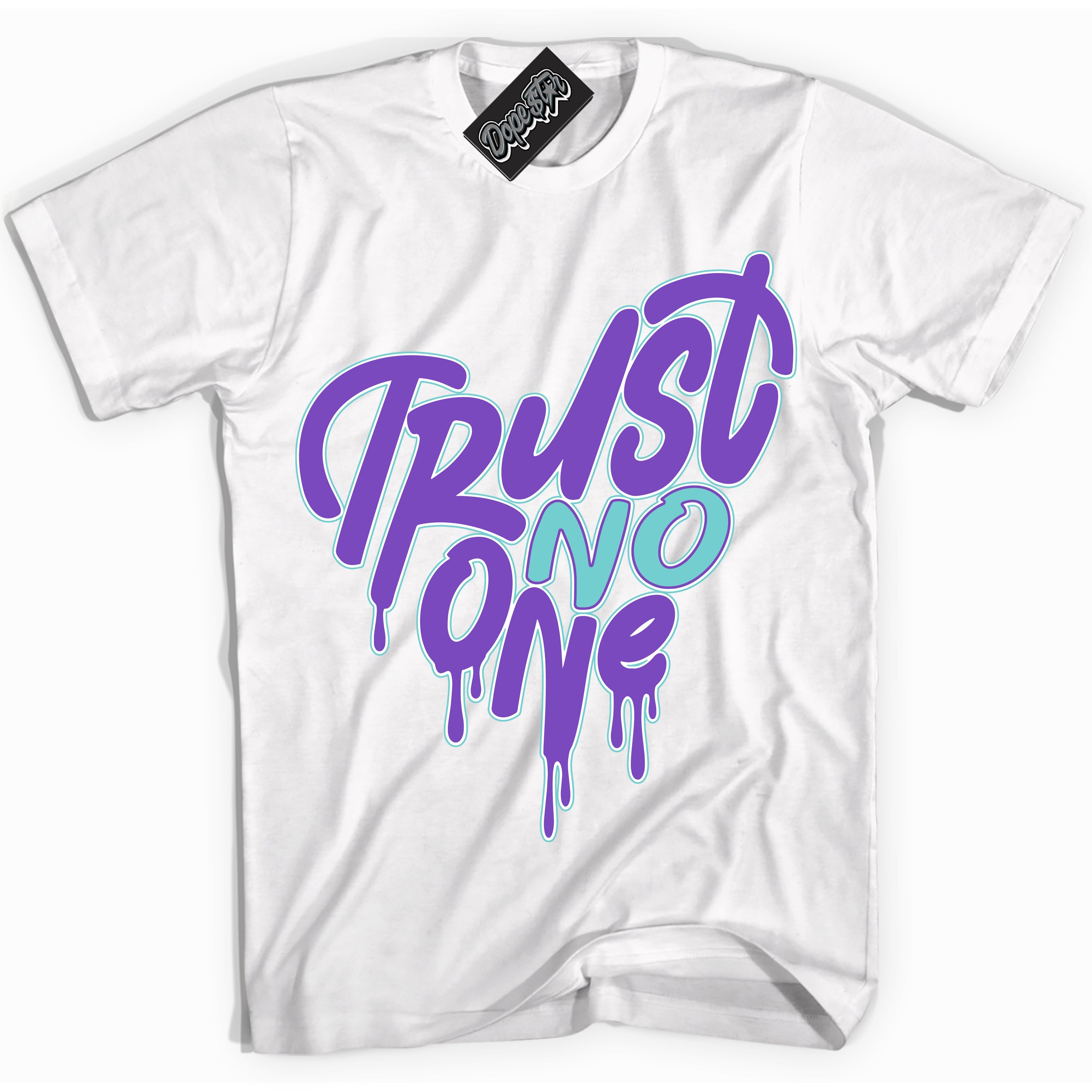 Cool White Shirt with “Trust No One Heart” design that perfectly matches the Psychic Purple Hyper Jade 1s Jordans.