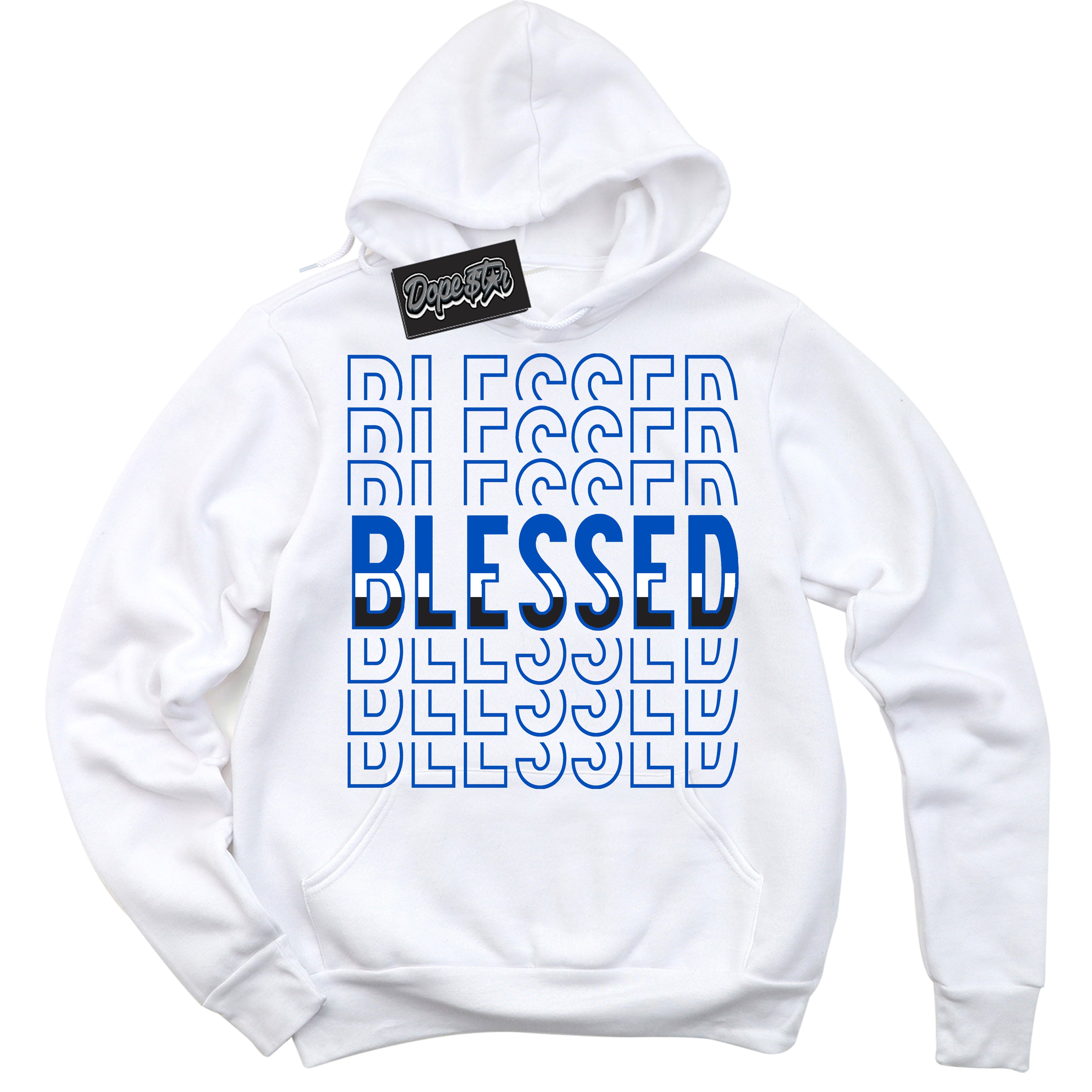 Cool White Hoodie with “ Blessed Stacked ”  design that Perfectly Matches Quai 54 1s Sneakers.