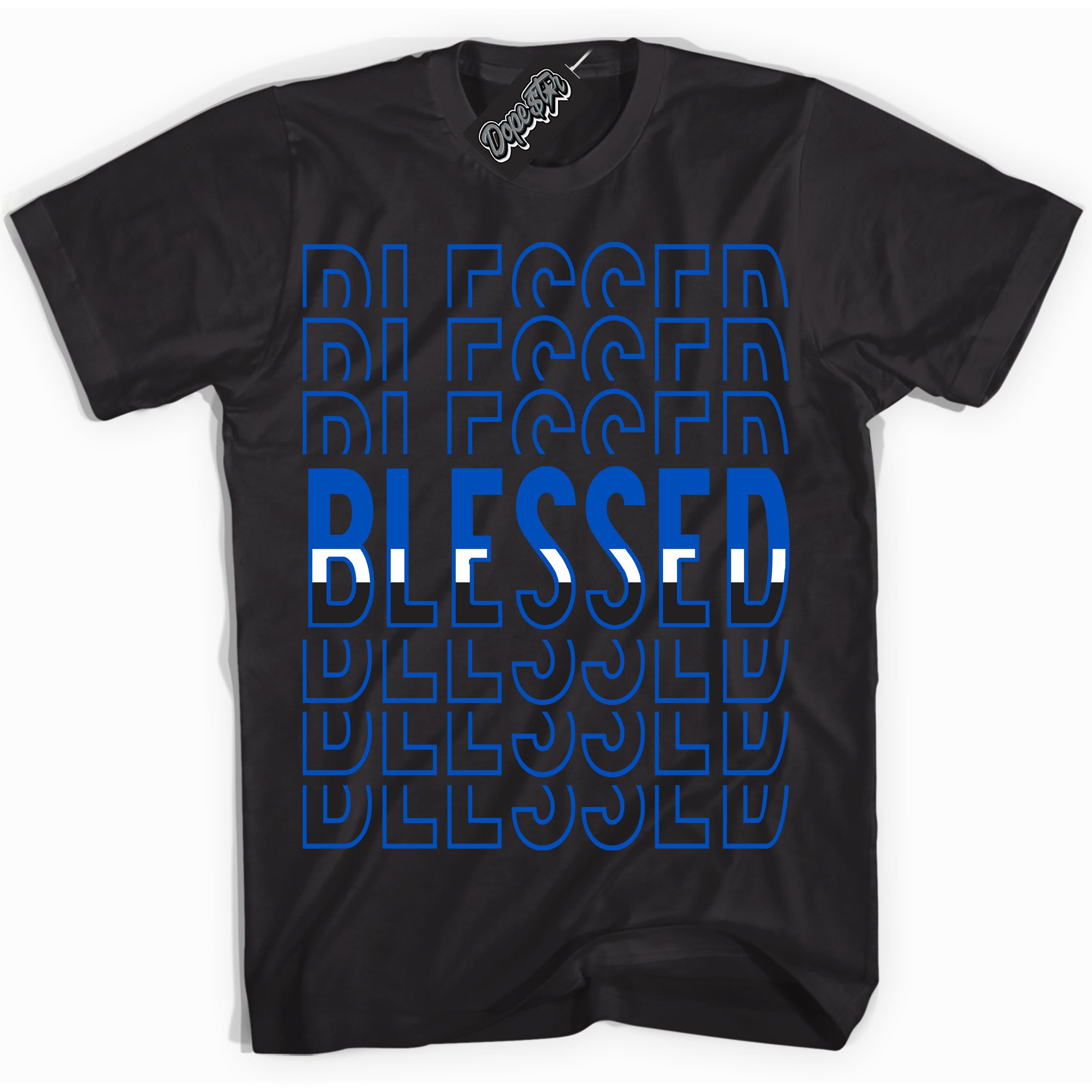 Cool Black Shirt with “ Blessed Stacked” design that perfectly matches Quai 54 1s Sneakers.