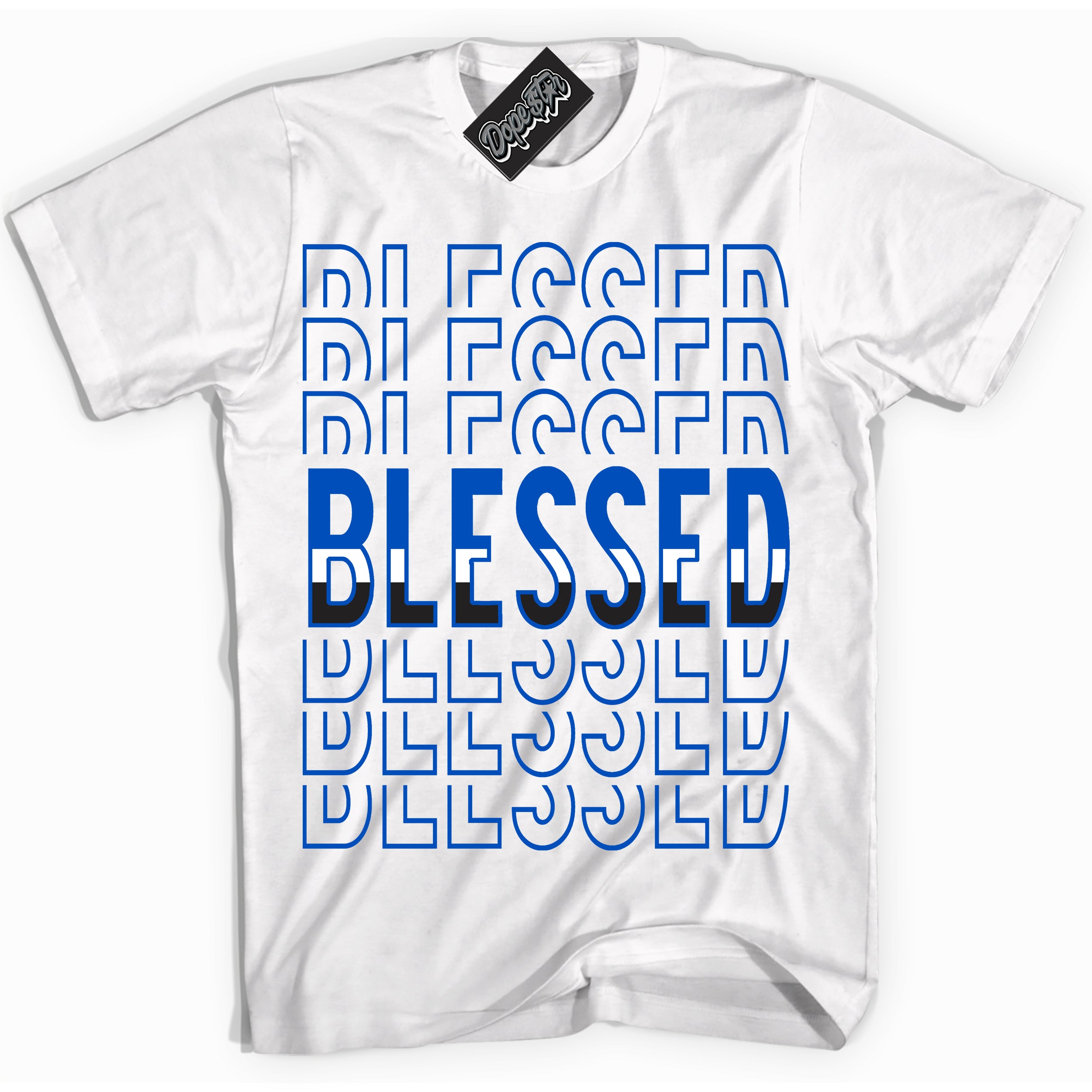 Cool White Shirt with “ Blessed Stacked” design that perfectly matches Quai 54 1s Sneakers.