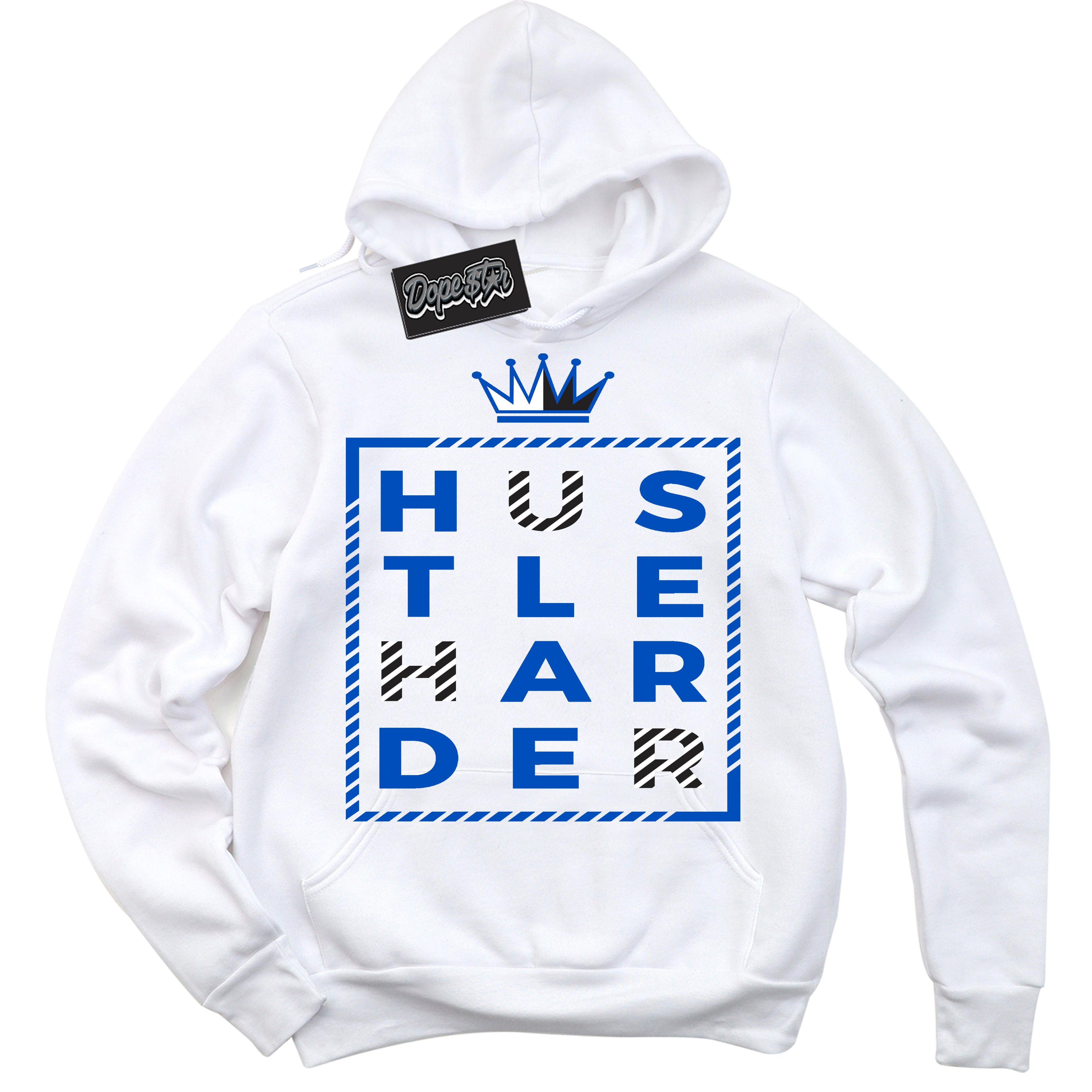 Cool White Hoodie with “ Hustle Harder ”  design that Perfectly Matches Quai 54 1s Sneakers.