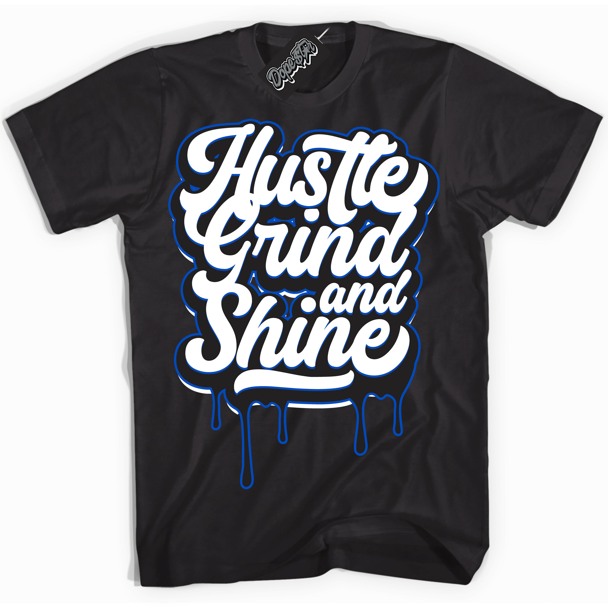 Cool Black Shirt with “ Hustle Grind And Shine” design that perfectly matches Quai 54 1s Sneakers.