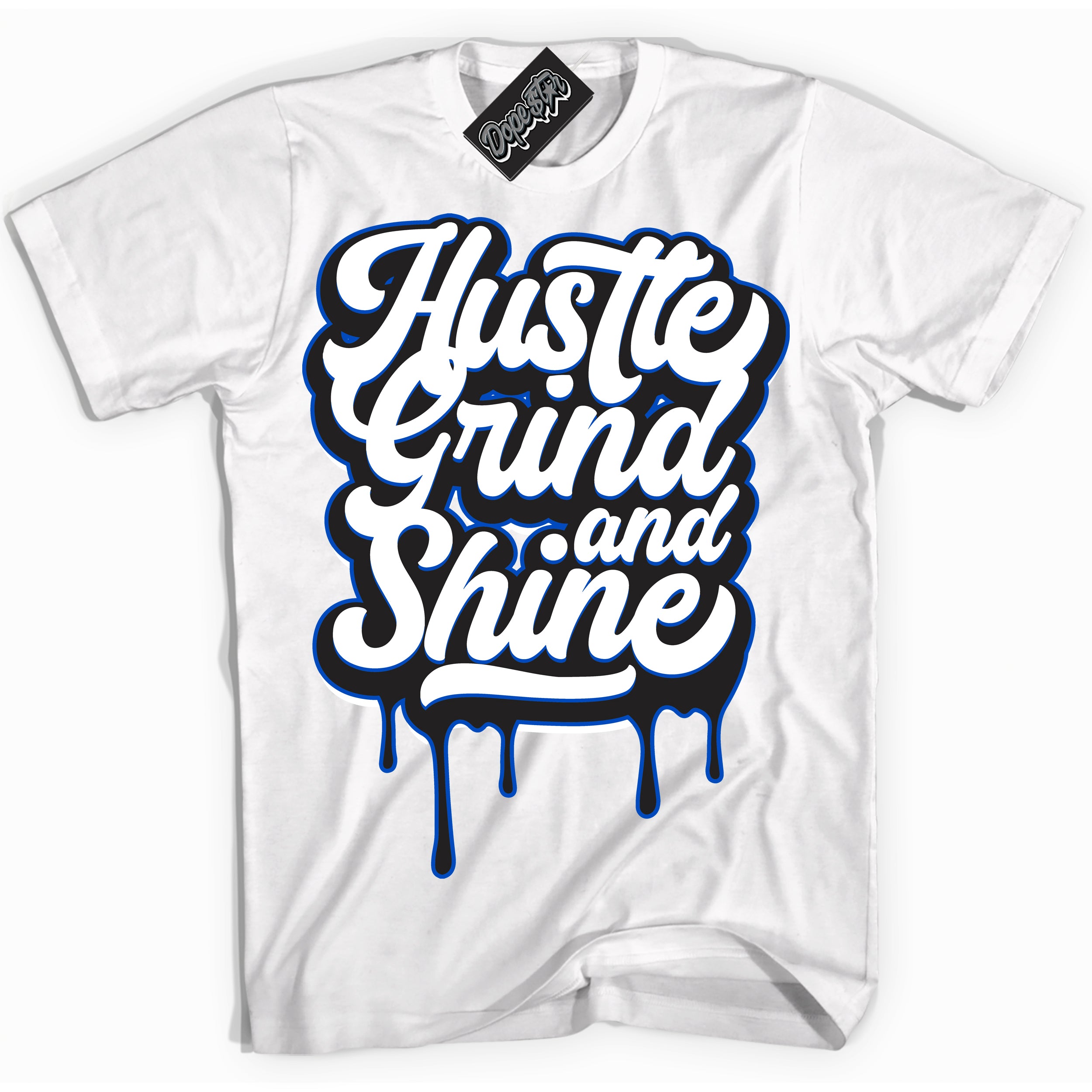 Cool White Shirt with “ Hustle Grind And Shine” design that perfectly matches Quai 54 1s Sneakers.