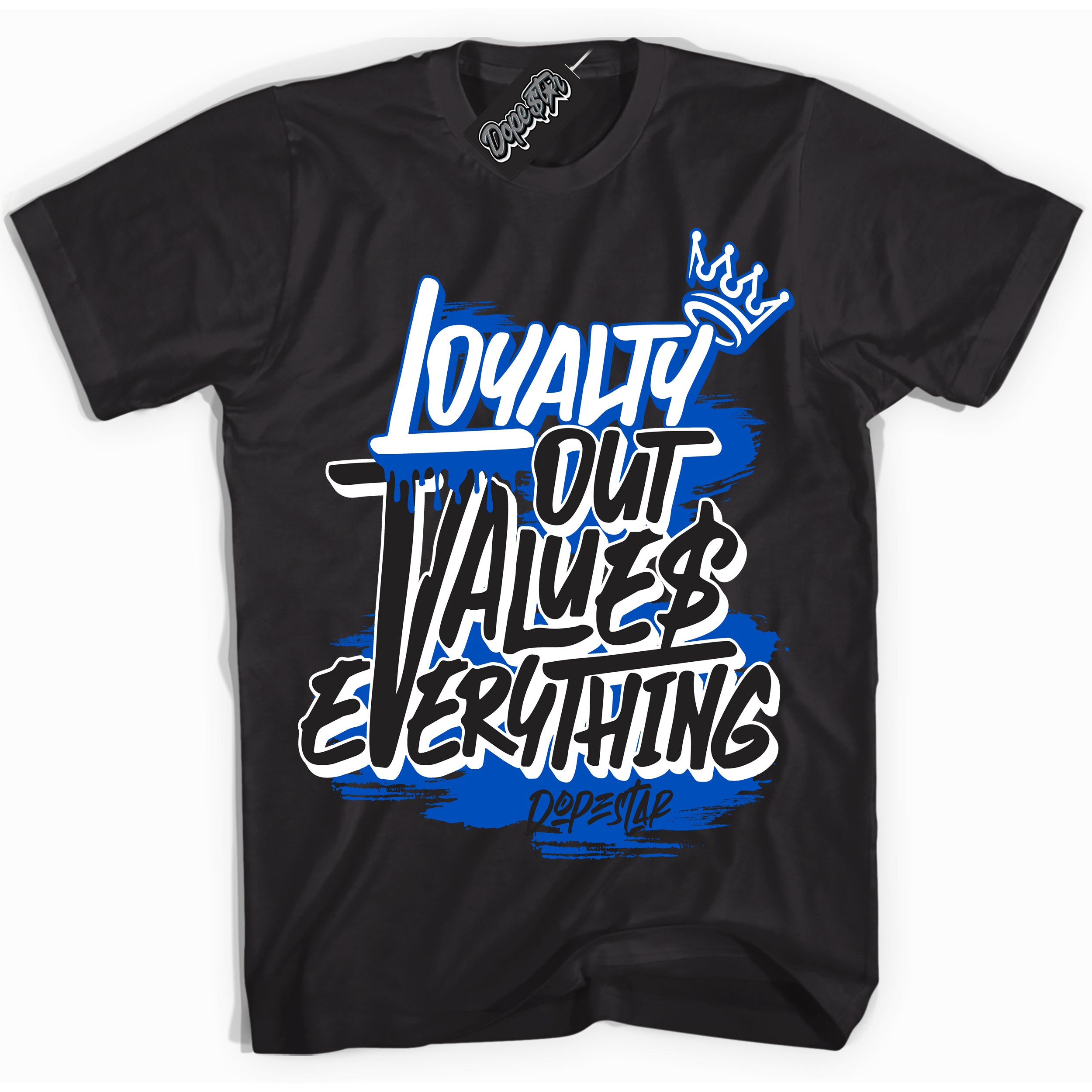 Cool Black Shirt with “ Loyalty Out Values Everything” design that perfectly matches Quai 54 1s Sneakers.