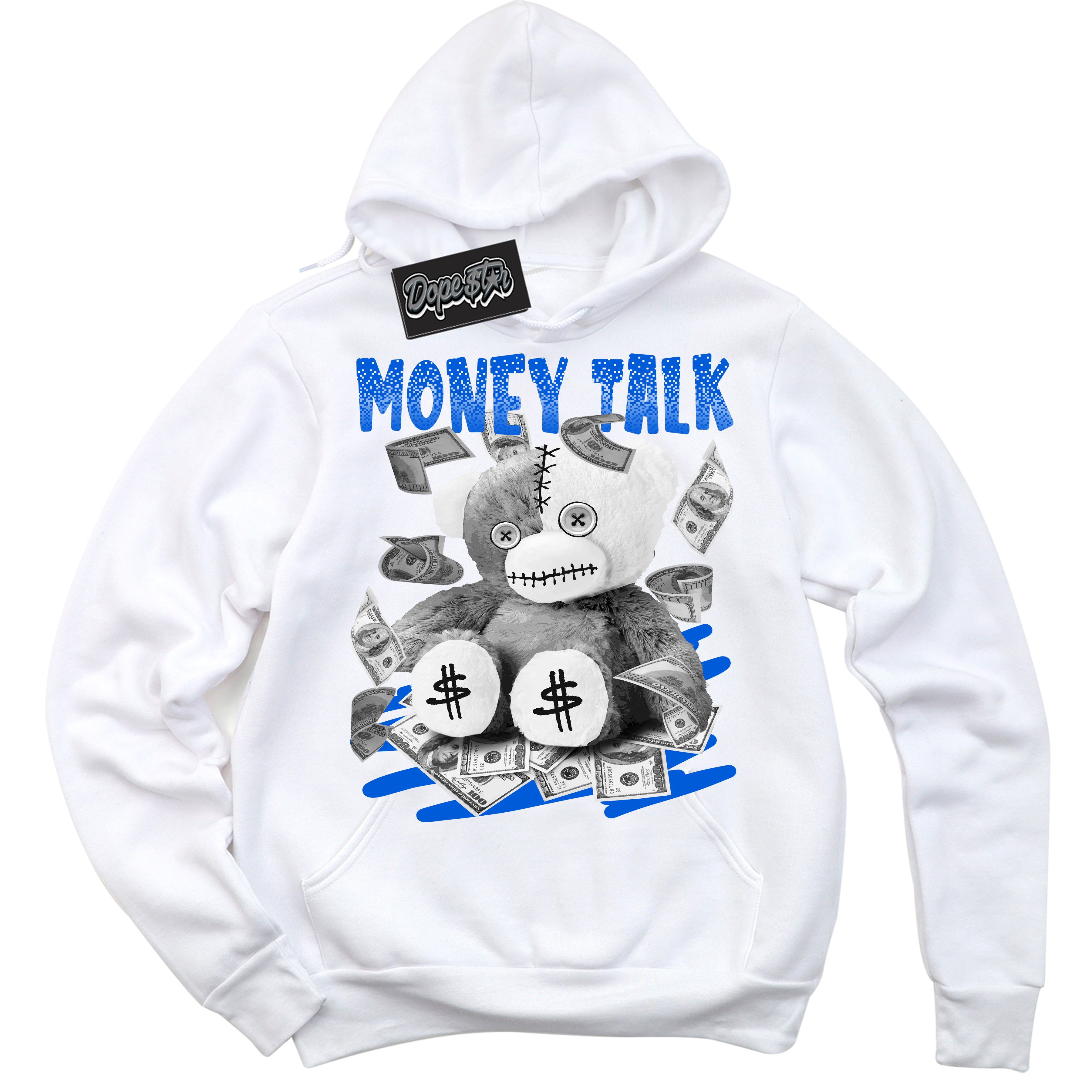 Cool White Hoodie with “ Money Talk Bear ”  design that Perfectly Matches Quai 54 1s Sneakers.