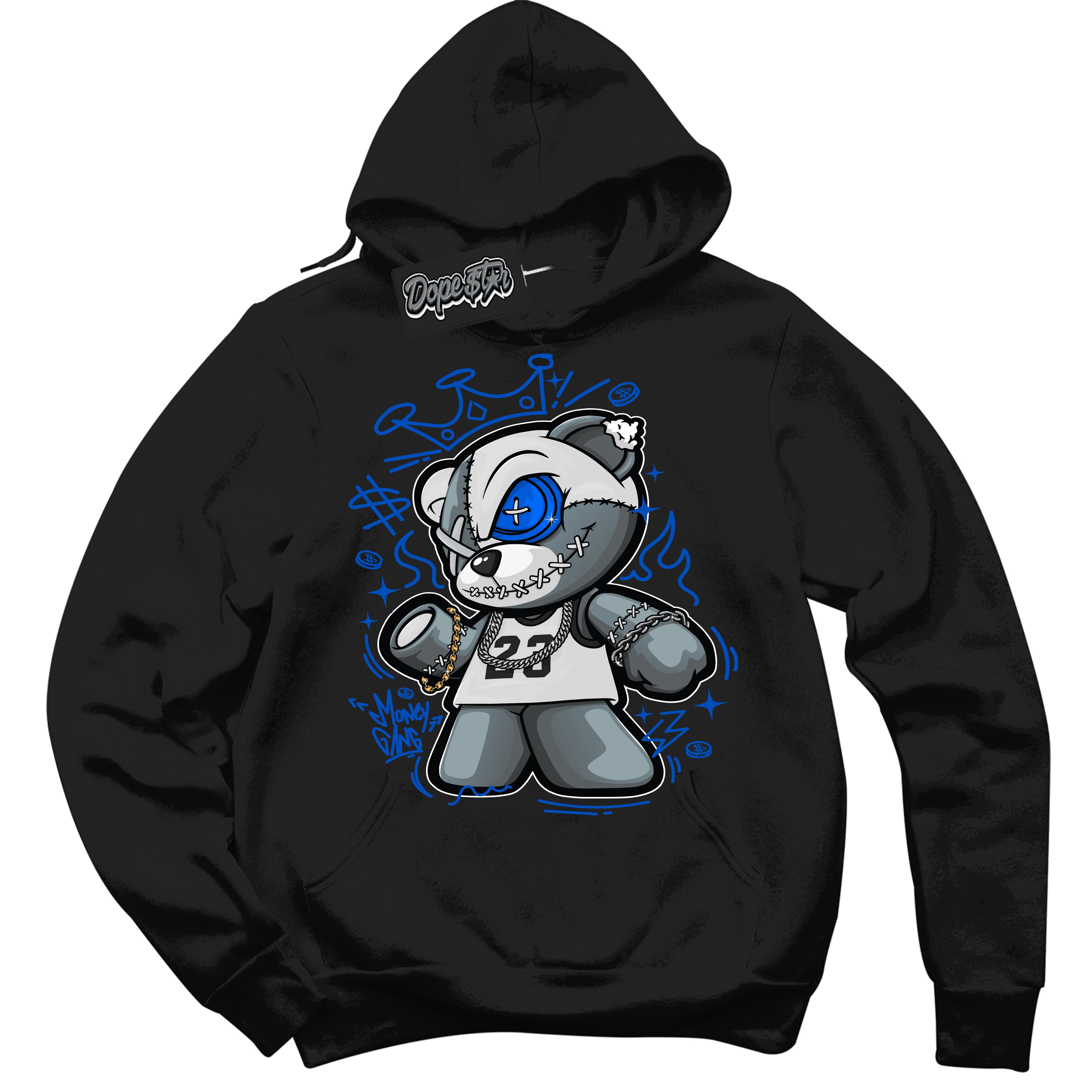 Cool Black Hoodie with “ Money Gang Bear ”  design that Perfectly Matches Quai 54 1s Sneakers.