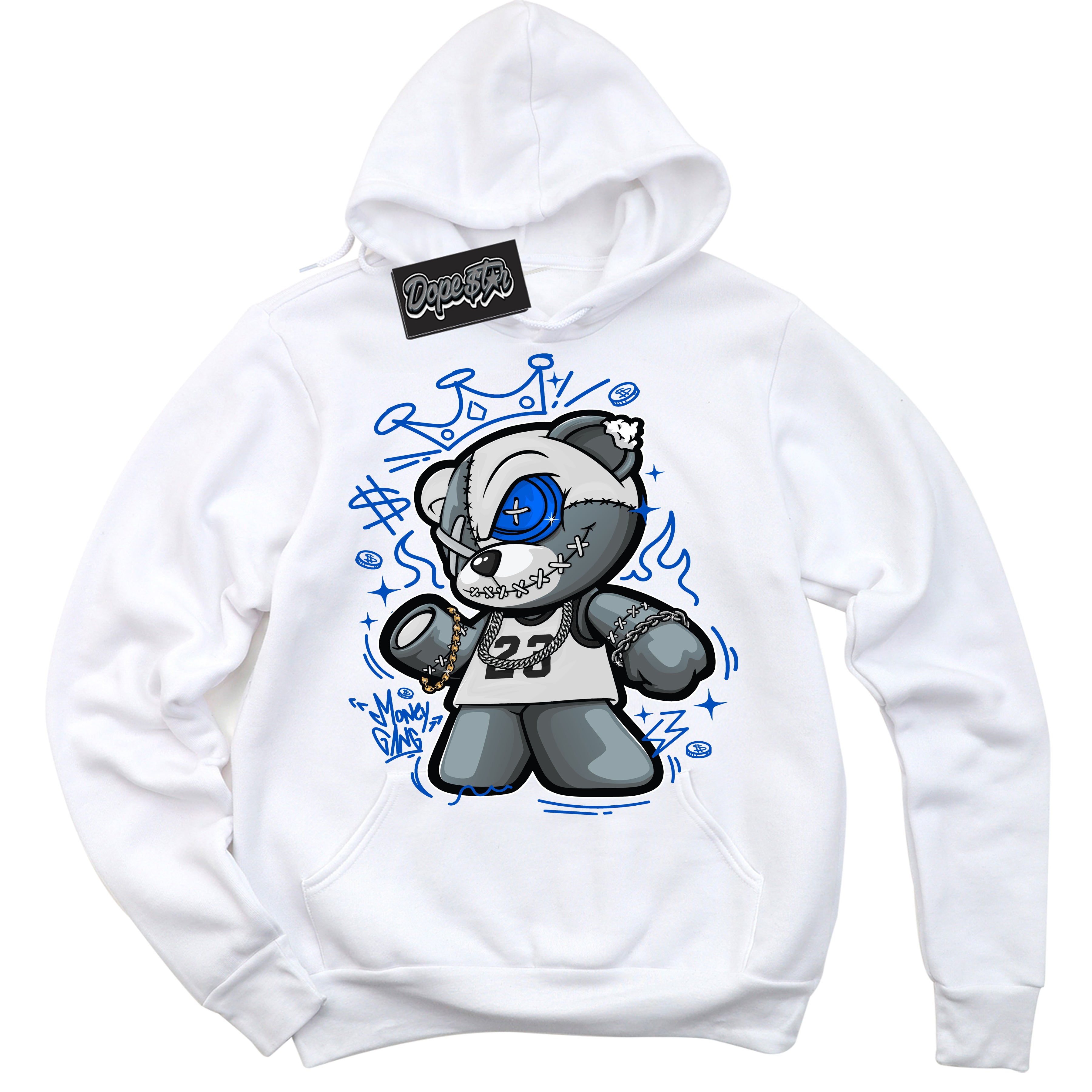 Cool White Hoodie with “ Money Gang Bear ”  design that Perfectly Matches Quai 54 1s Sneakers.