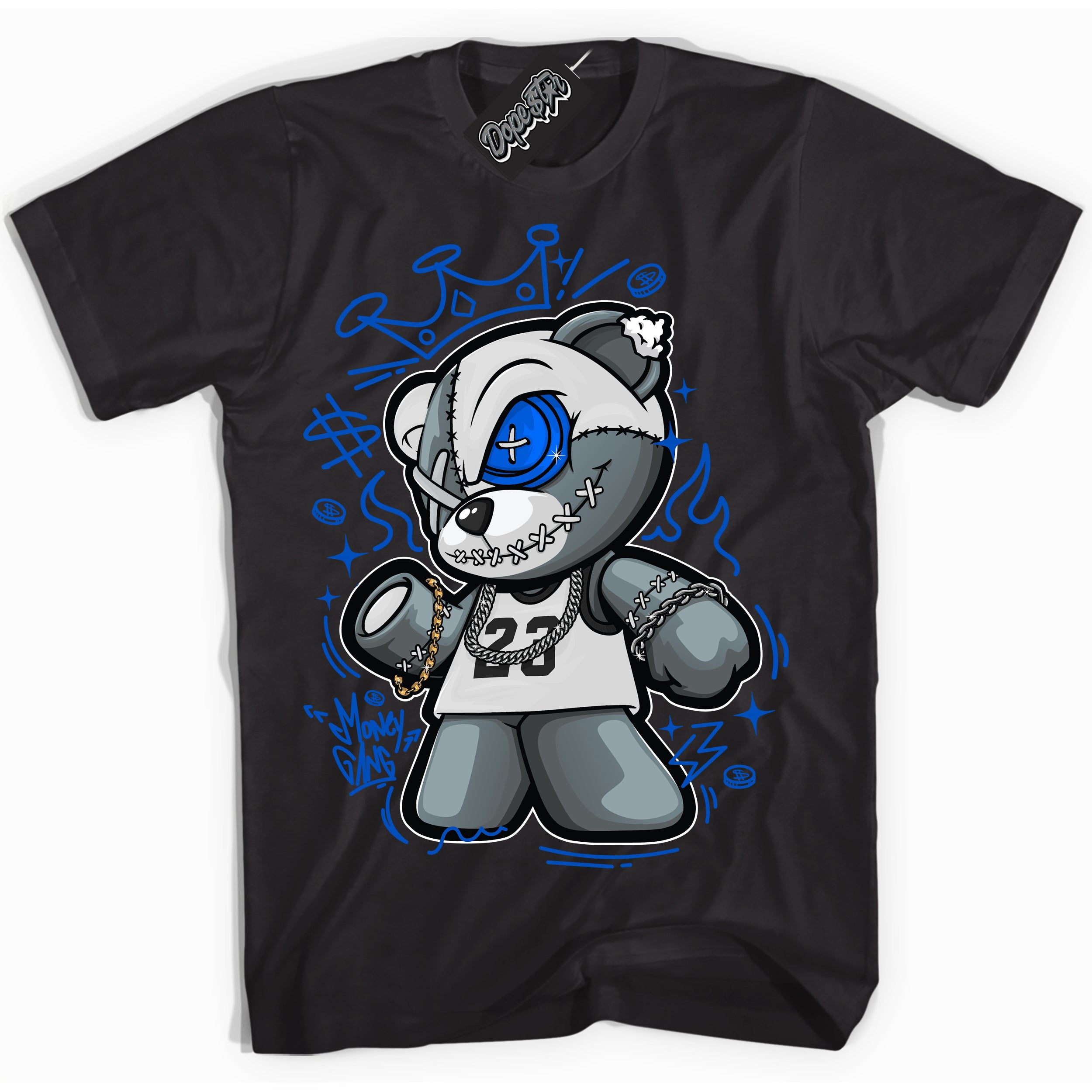 Cool Black Shirt with “ Money Gang Bear” design that perfectly matches Quai 54 1s Sneakers.