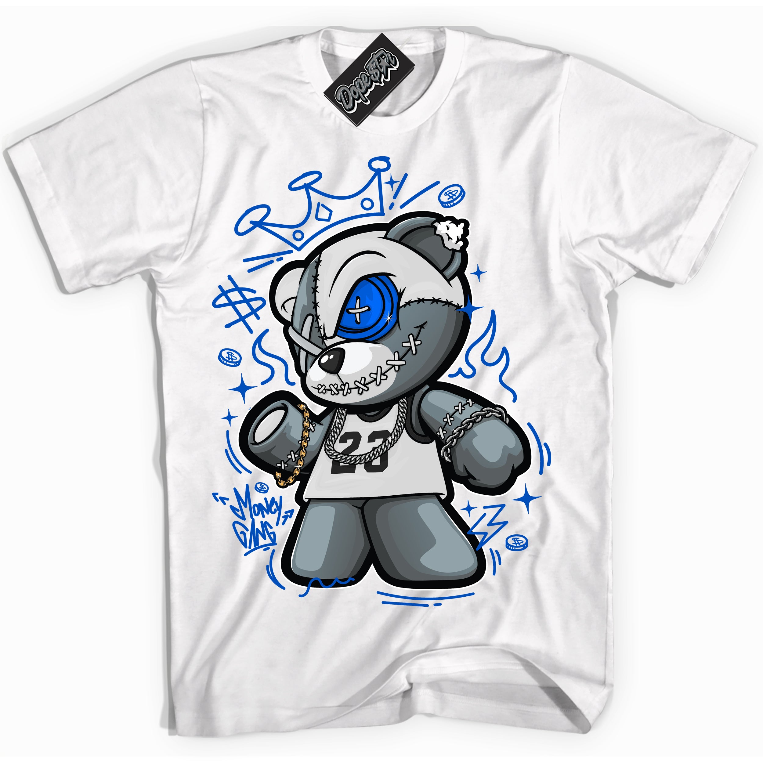 Cool White Shirt with “ Money Gang Bear” design that perfectly matches Quai 54 1s Sneakers.