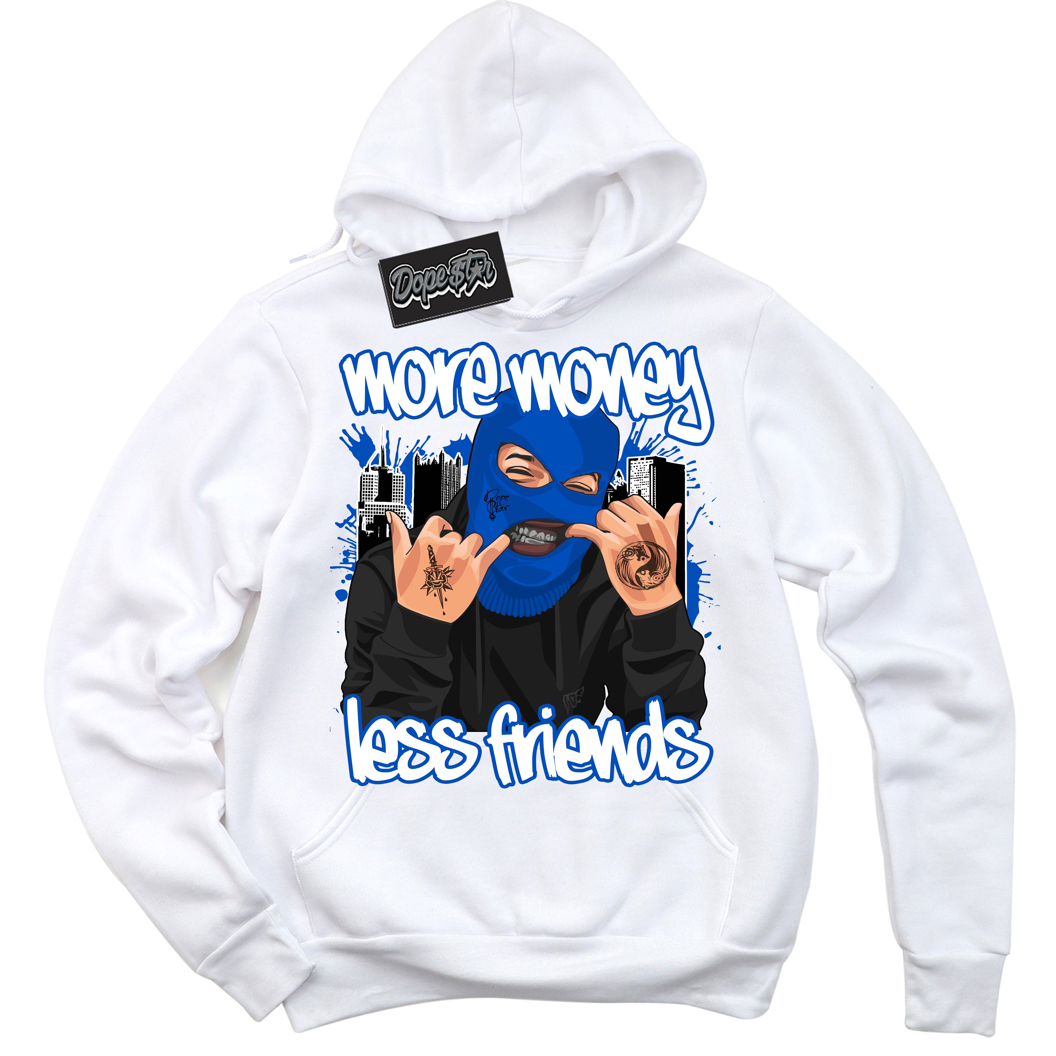 Cool White Hoodie with “ More Money Less Friends ”  design that Perfectly Matches Quai 54 1s Sneakers.