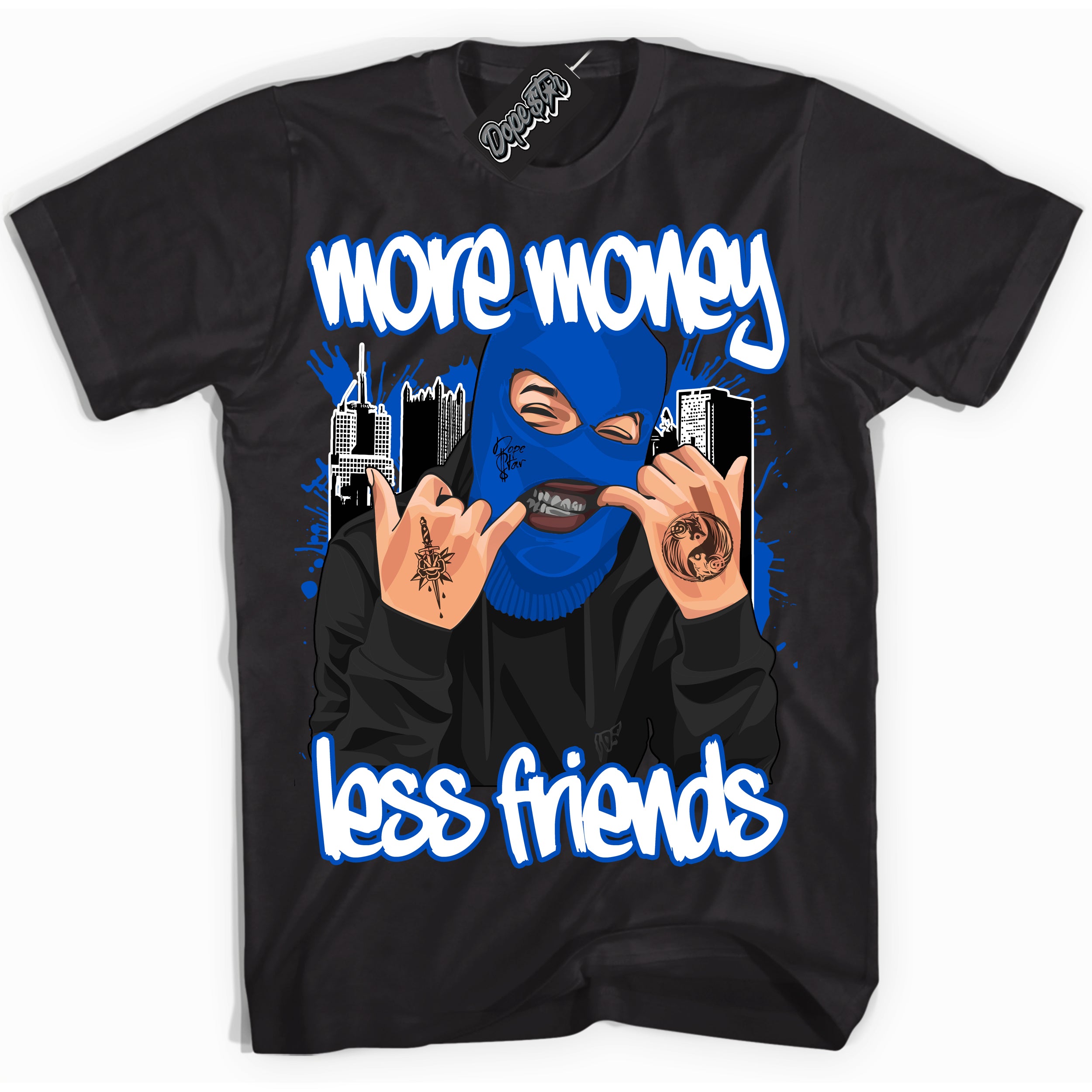 Cool Black Shirt with “ More Money Less Friends” design that perfectly matches Quai 54 1s Sneakers.