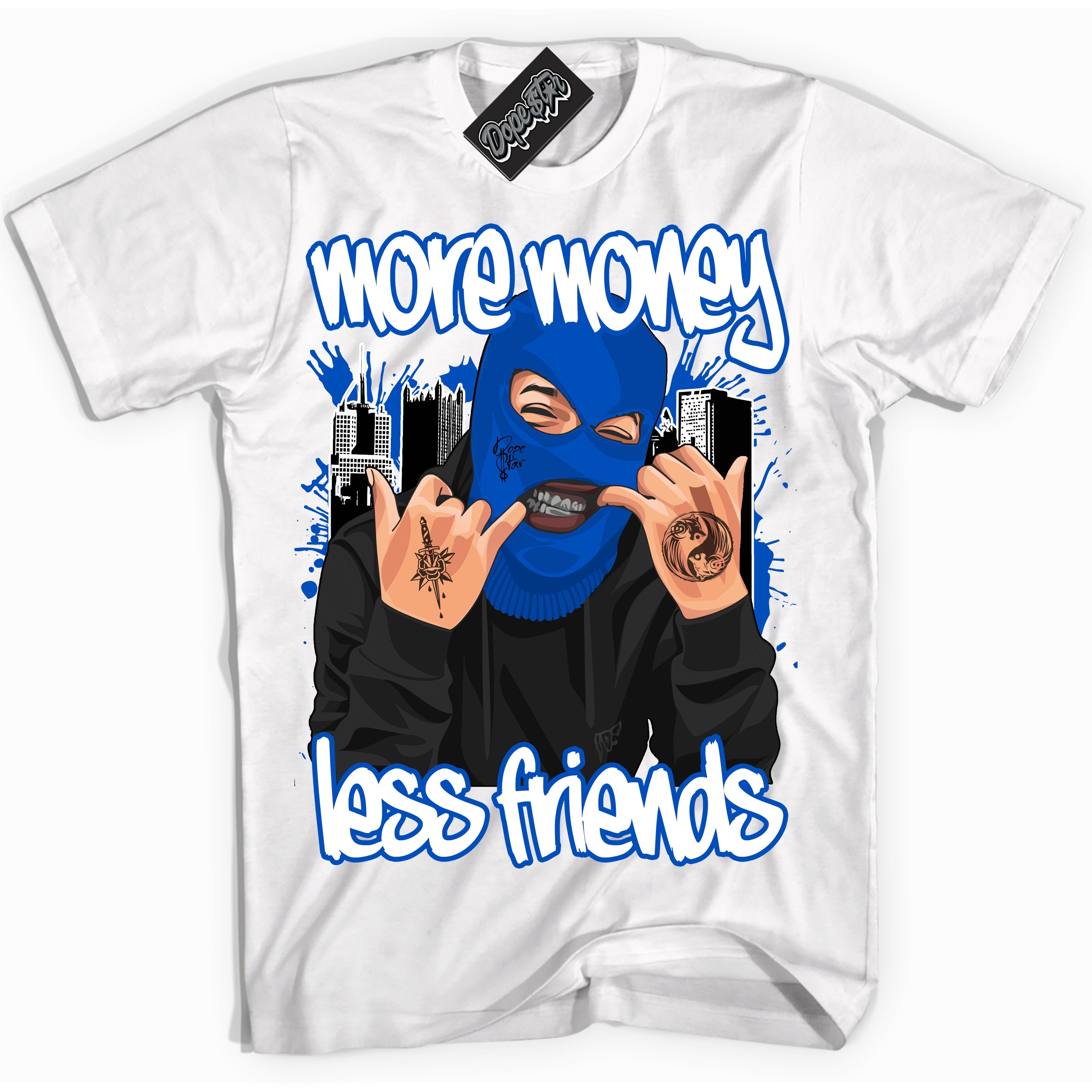 Cool White Shirt with “ More Money Less Friends” design that perfectly matches Quai 54 1s Sneakers.