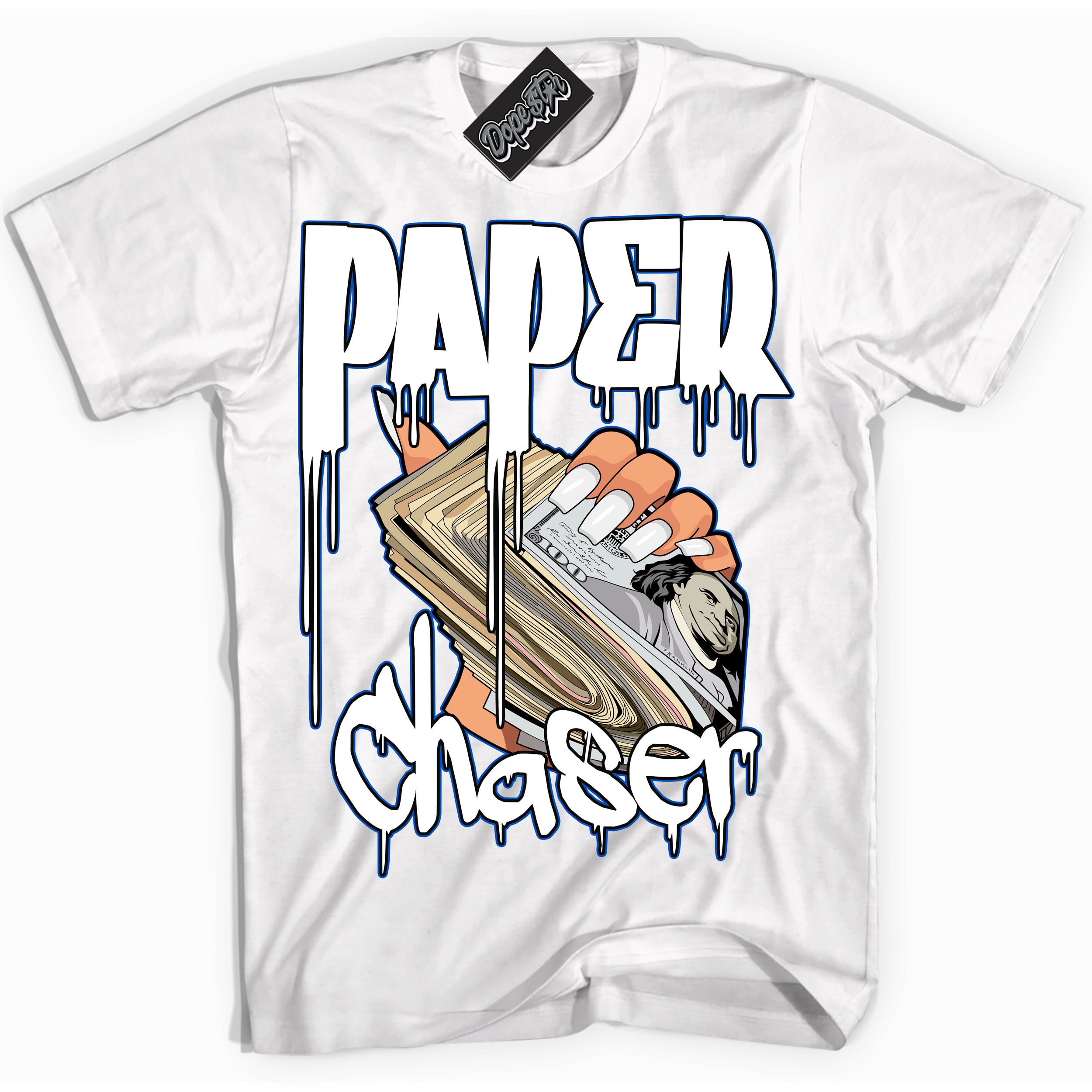 Cool White Shirt with “ Paper Chaser” design that perfectly matches Quai 54 1s Sneakers.