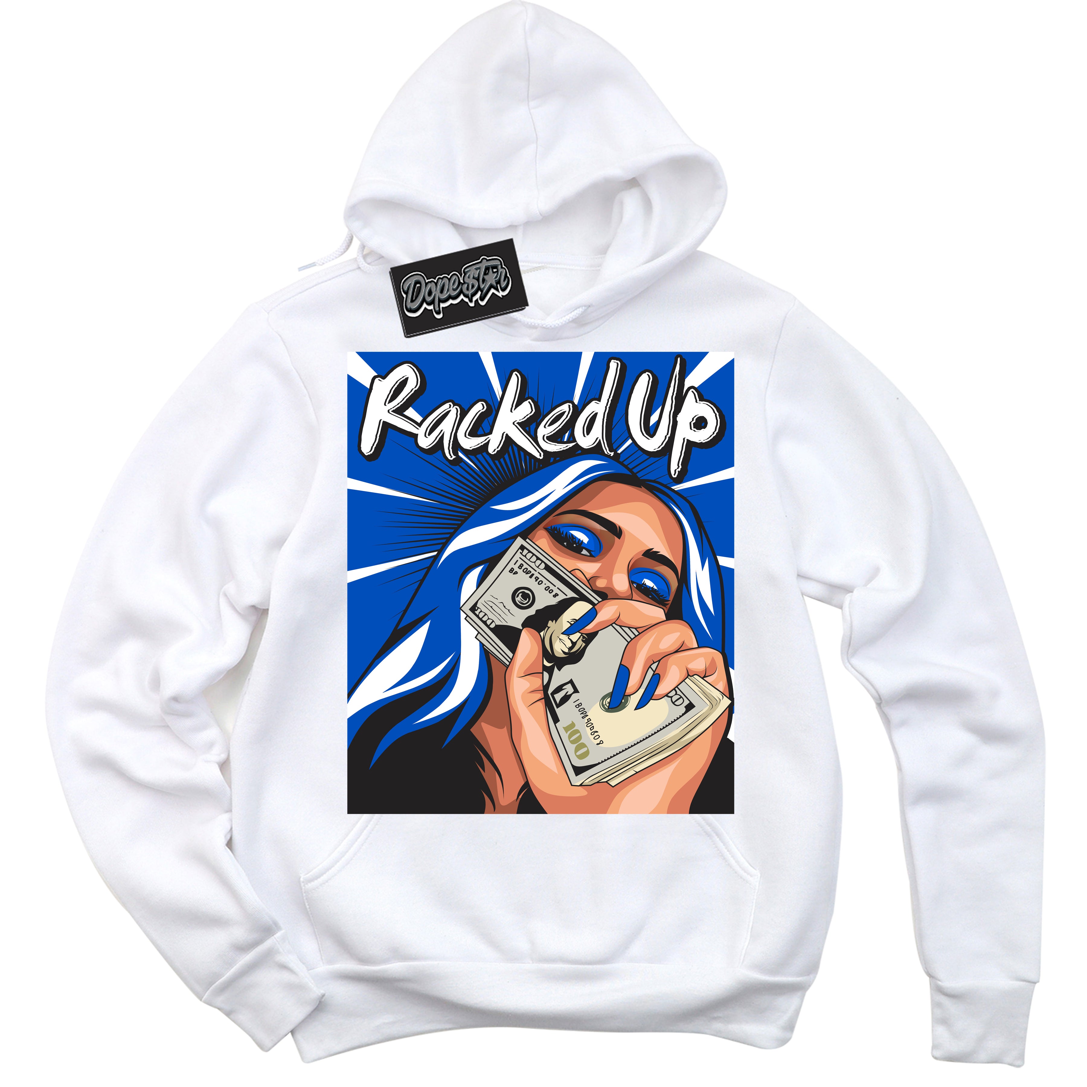 Cool White Hoodie with “ Racked Up ”  design that Perfectly Matches Quai 54 1s Sneakers.