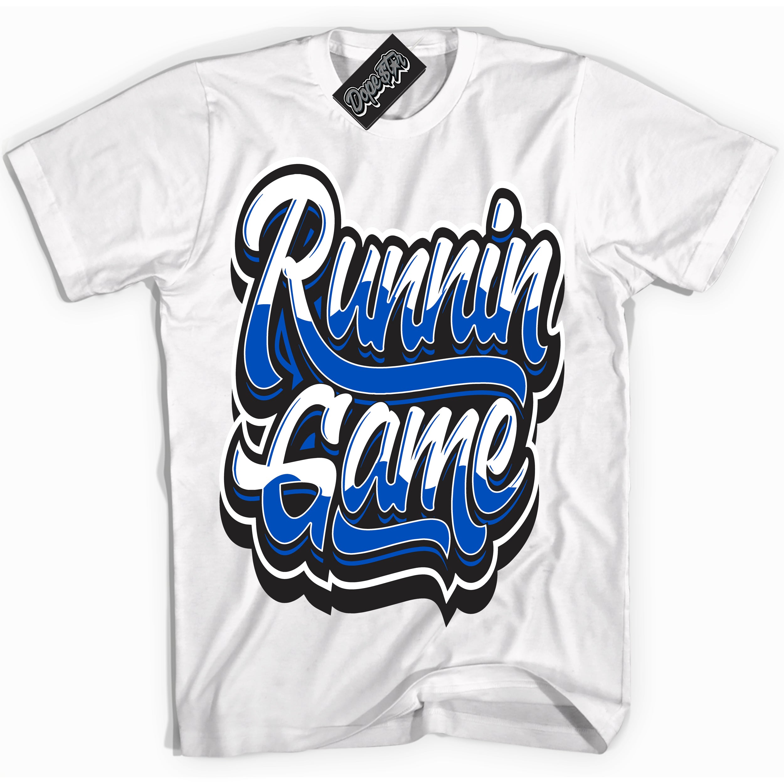 Cool White Shirt with “ Running Game” design that perfectly matches Quai 54 1s Sneakers.