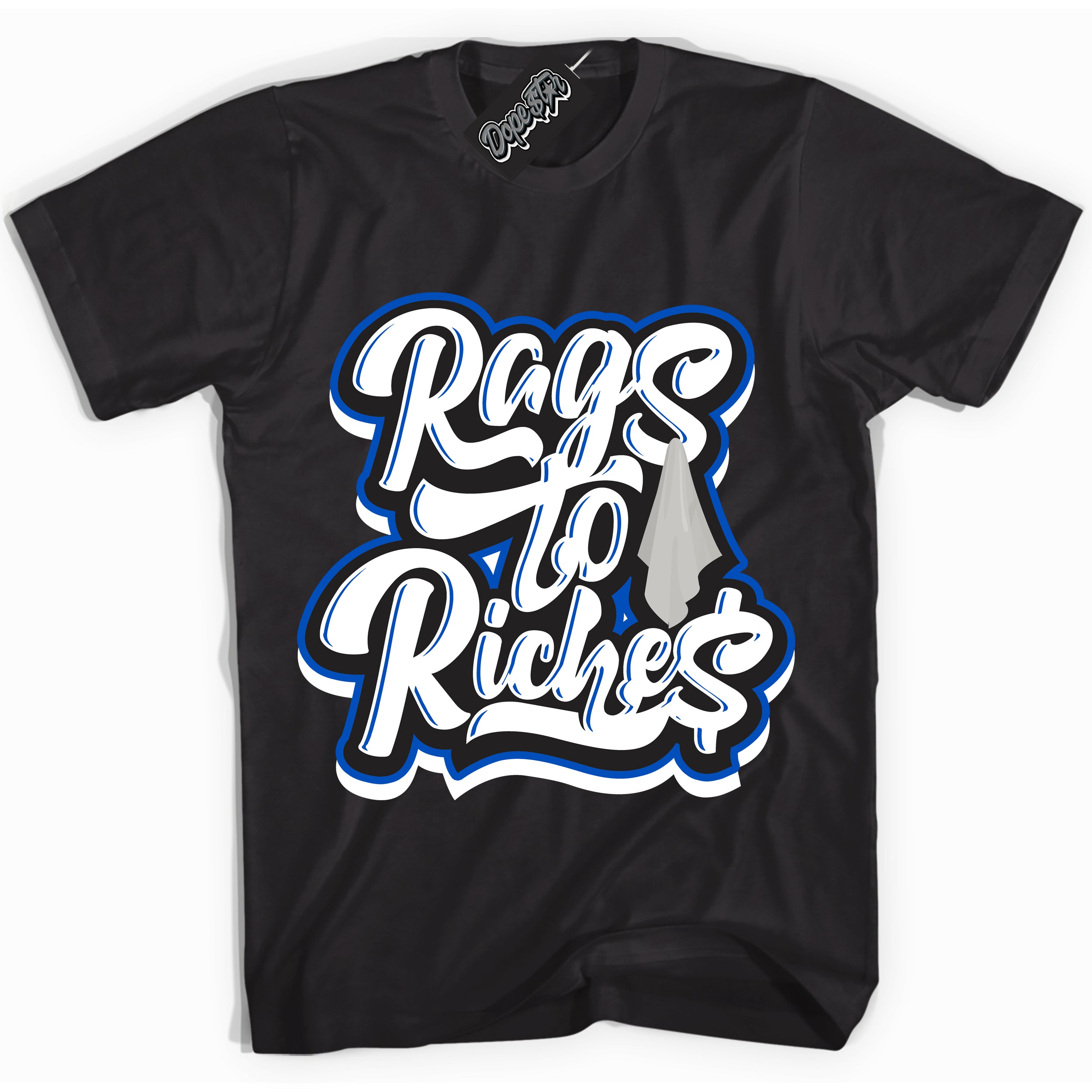 Cool Black Shirt with “ Rags To Riches” design that perfectly matches Quai 54 1s Sneakers.