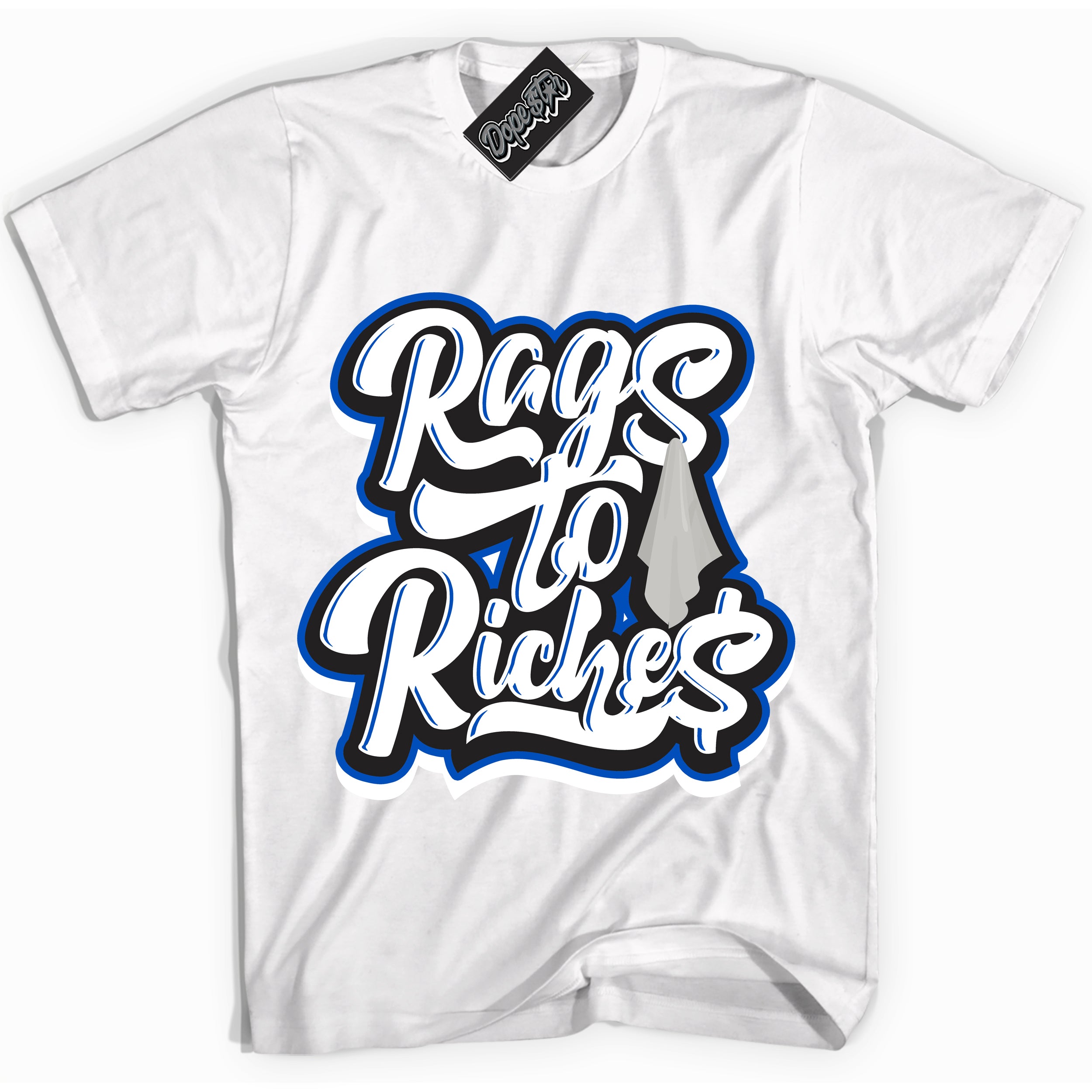 Cool White Shirt with “ Rags To Riches” design that perfectly matches Quai 54 1s Sneakers.