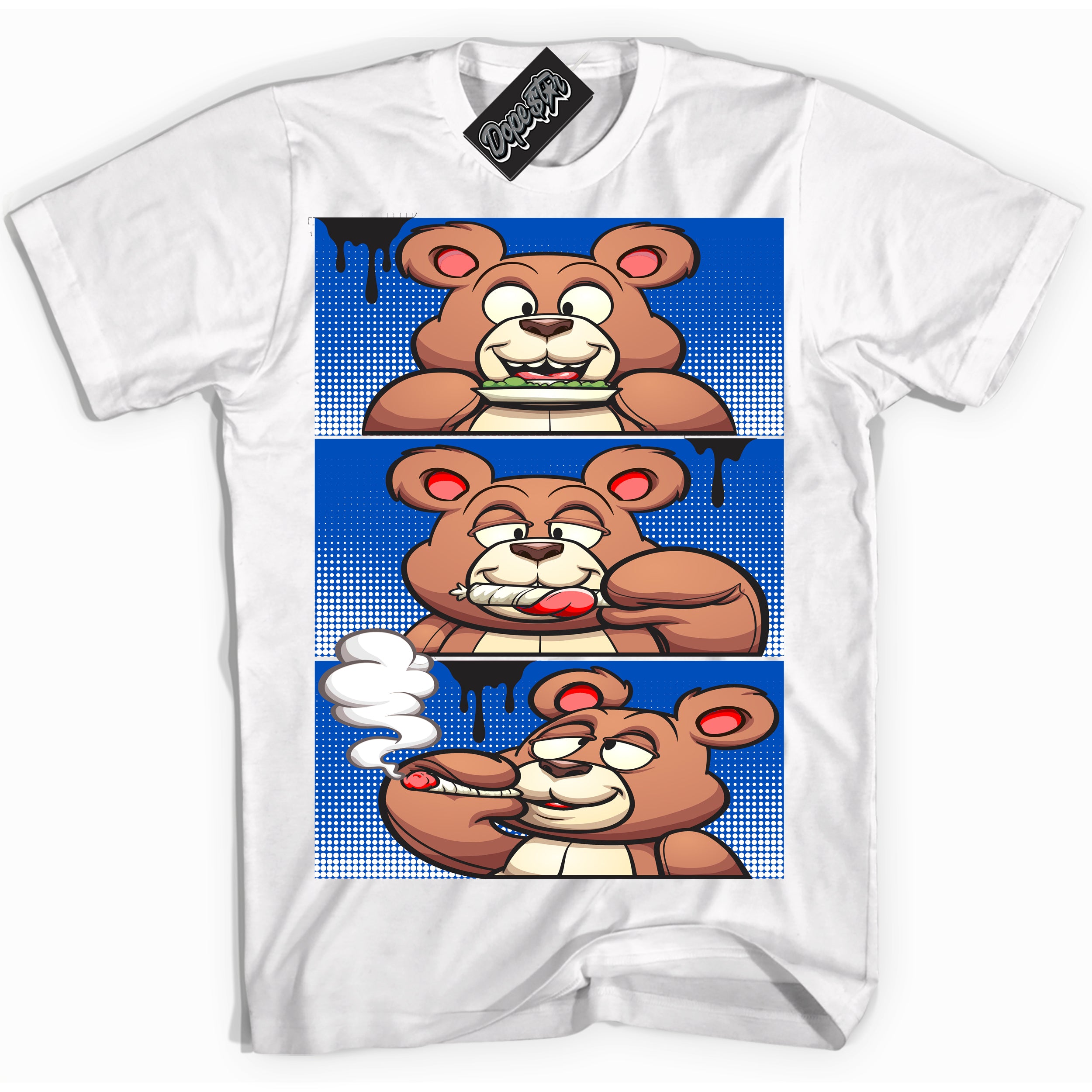 Cool White Shirt with “ Roll It Lick It Smoke It Bear” design that perfectly matches Quai 54 1s Sneakers.