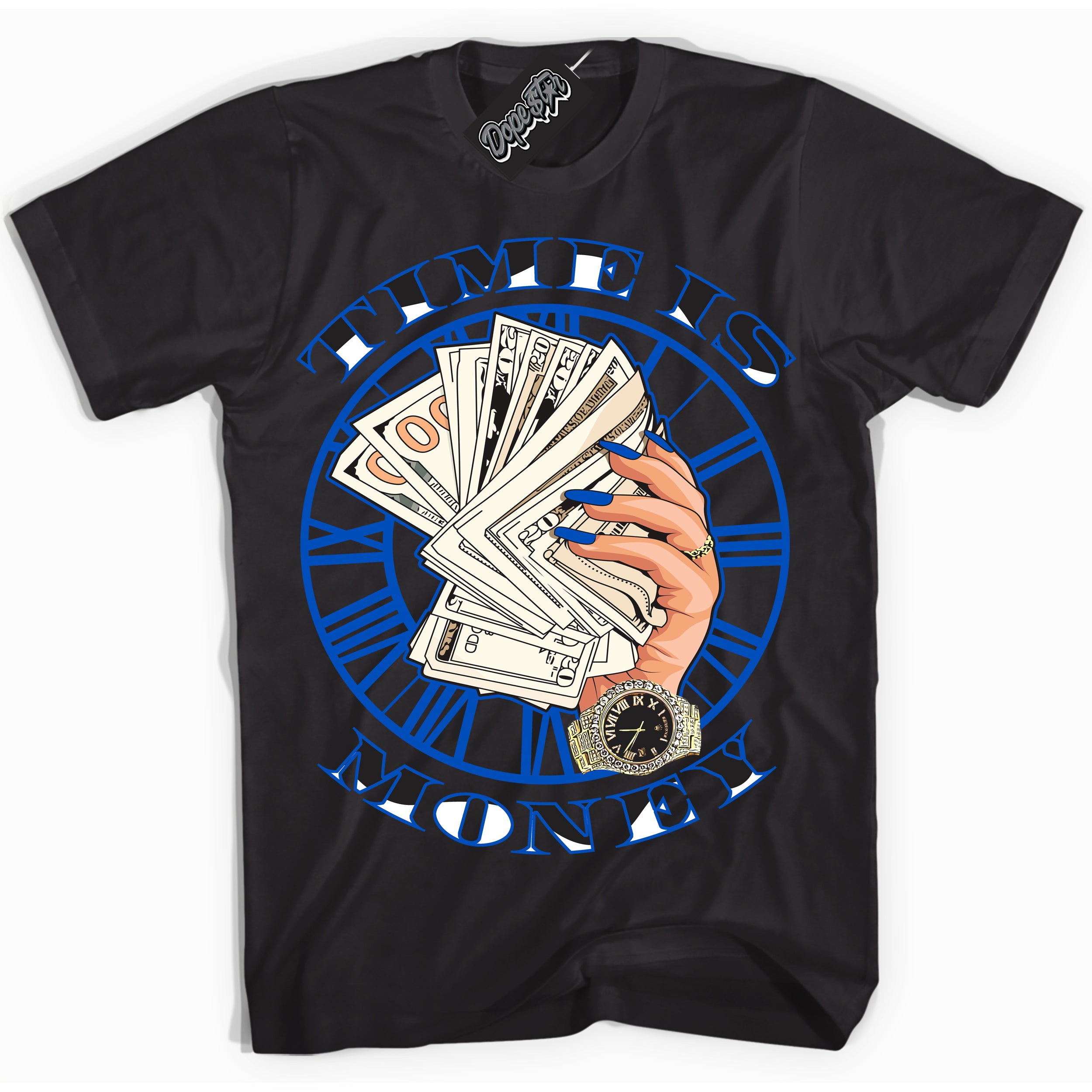 Cool Black Shirt with “ Time Is Money” design that perfectly matches Quai 54 1s Sneakers.