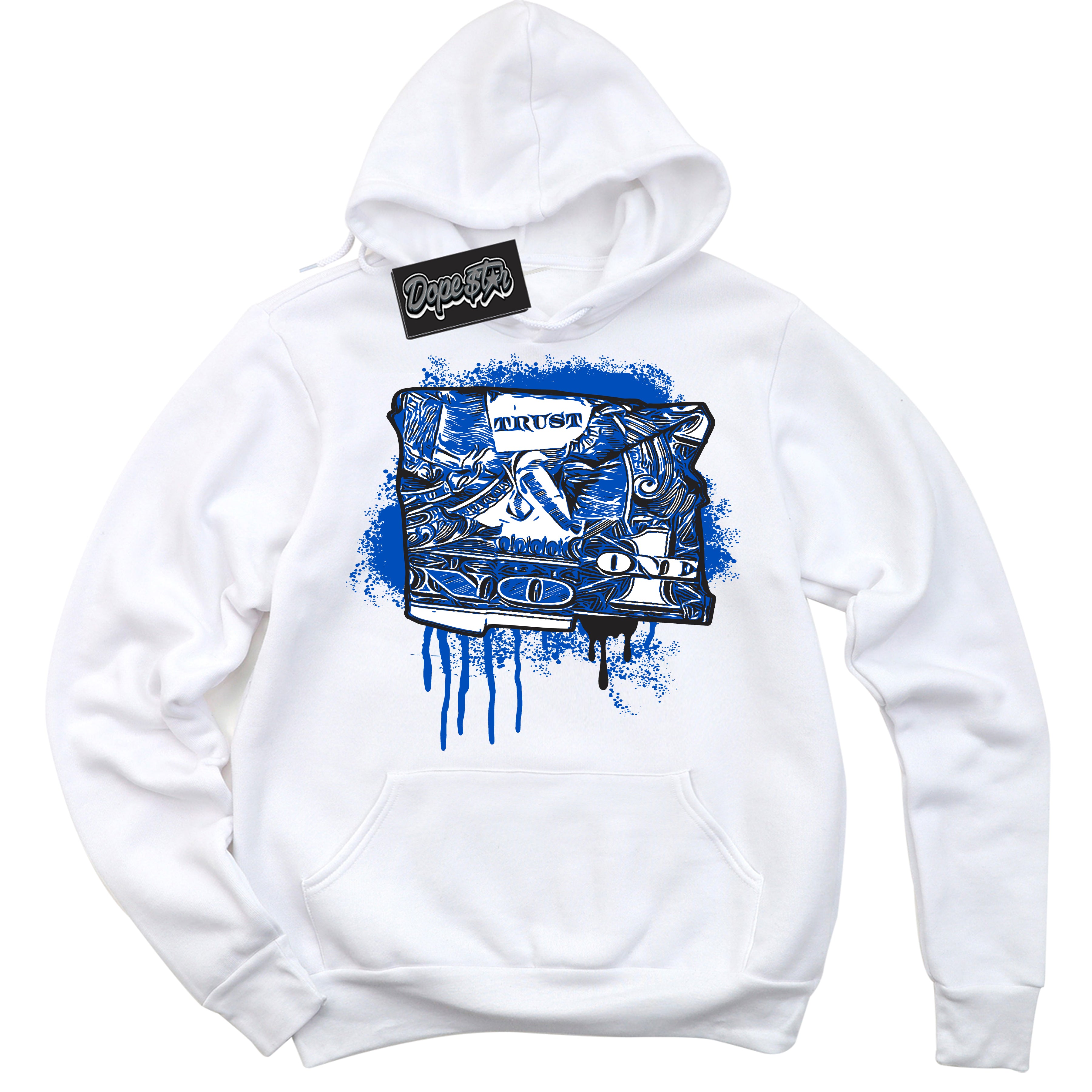 Cool White Hoodie with “ Trust No One Dollar ”  design that Perfectly Matches Quai 54 1s Sneakers.