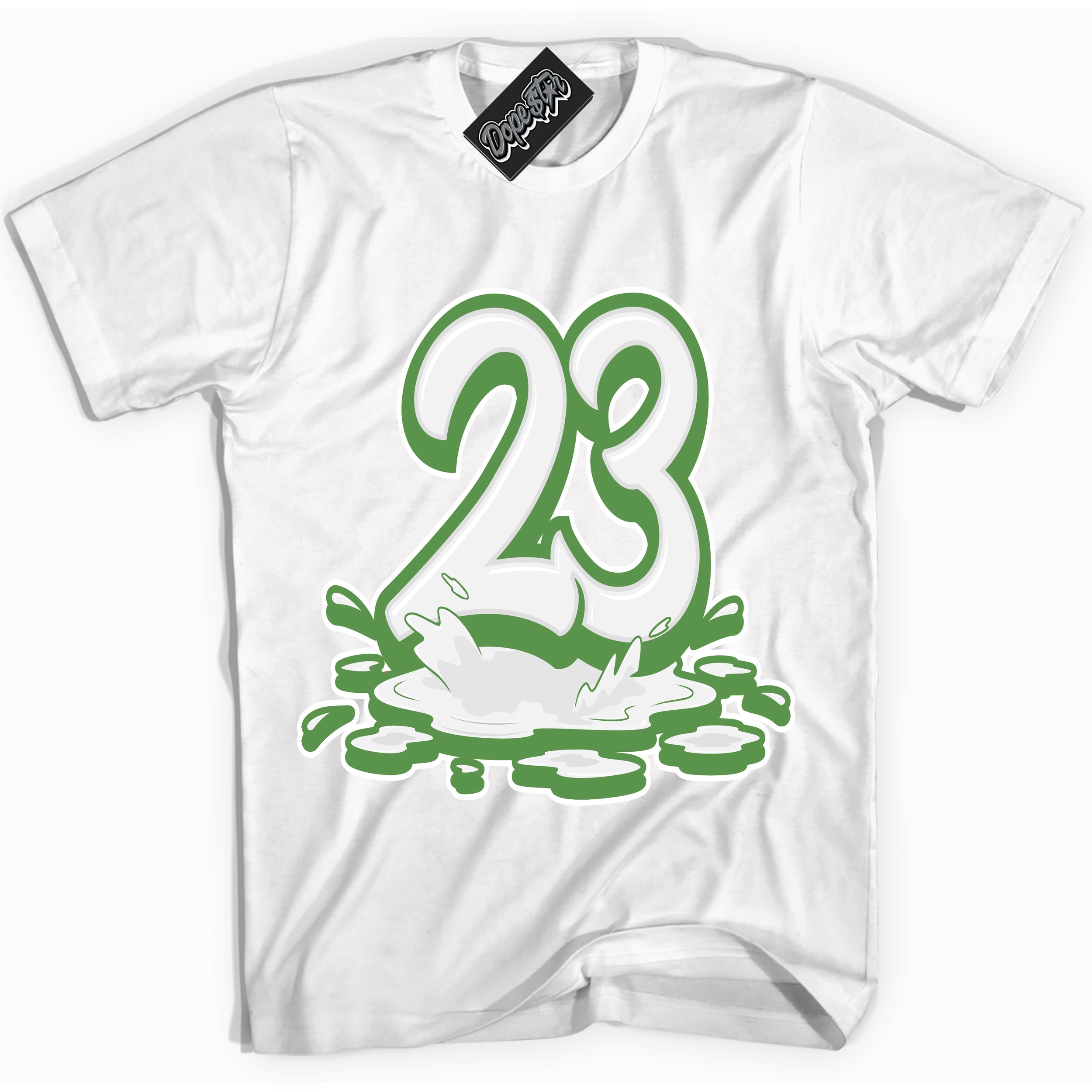 Cool White Shirt with “ 23 Melting ” design that perfectly matches Chlorophyll 1s Jordans.
