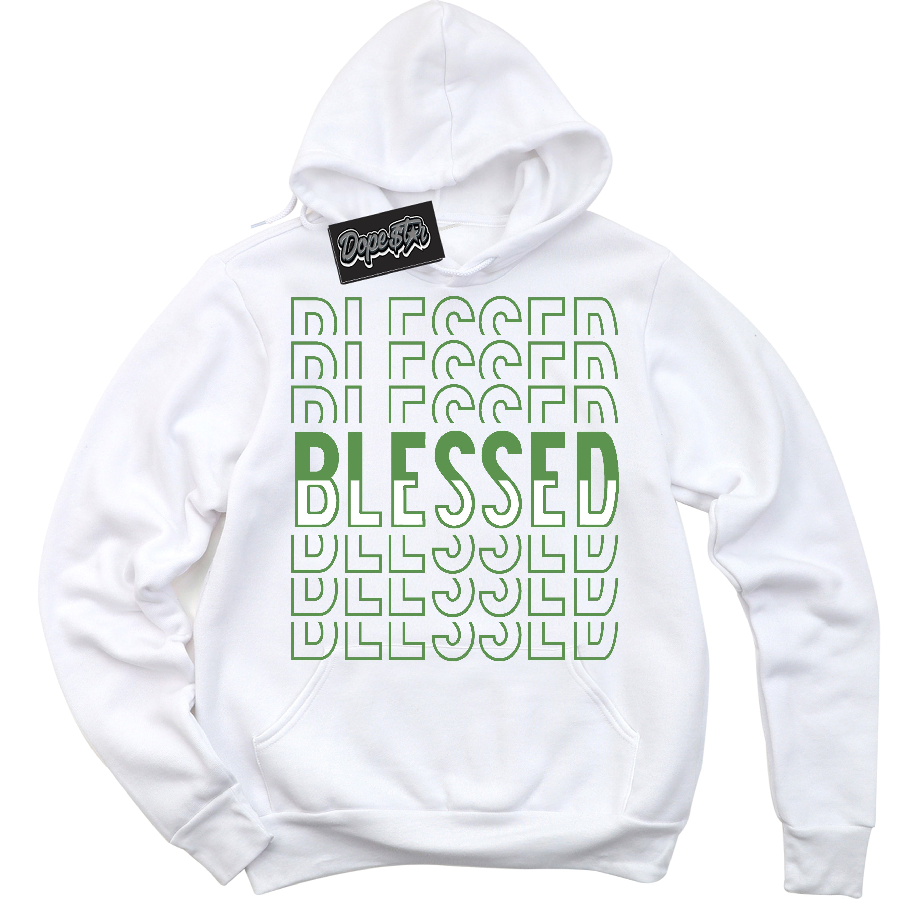 Cool White Hoodie with “ Blessed Stacked ”  design that Perfectly Matches Chlorophyll 1s Jordans.
