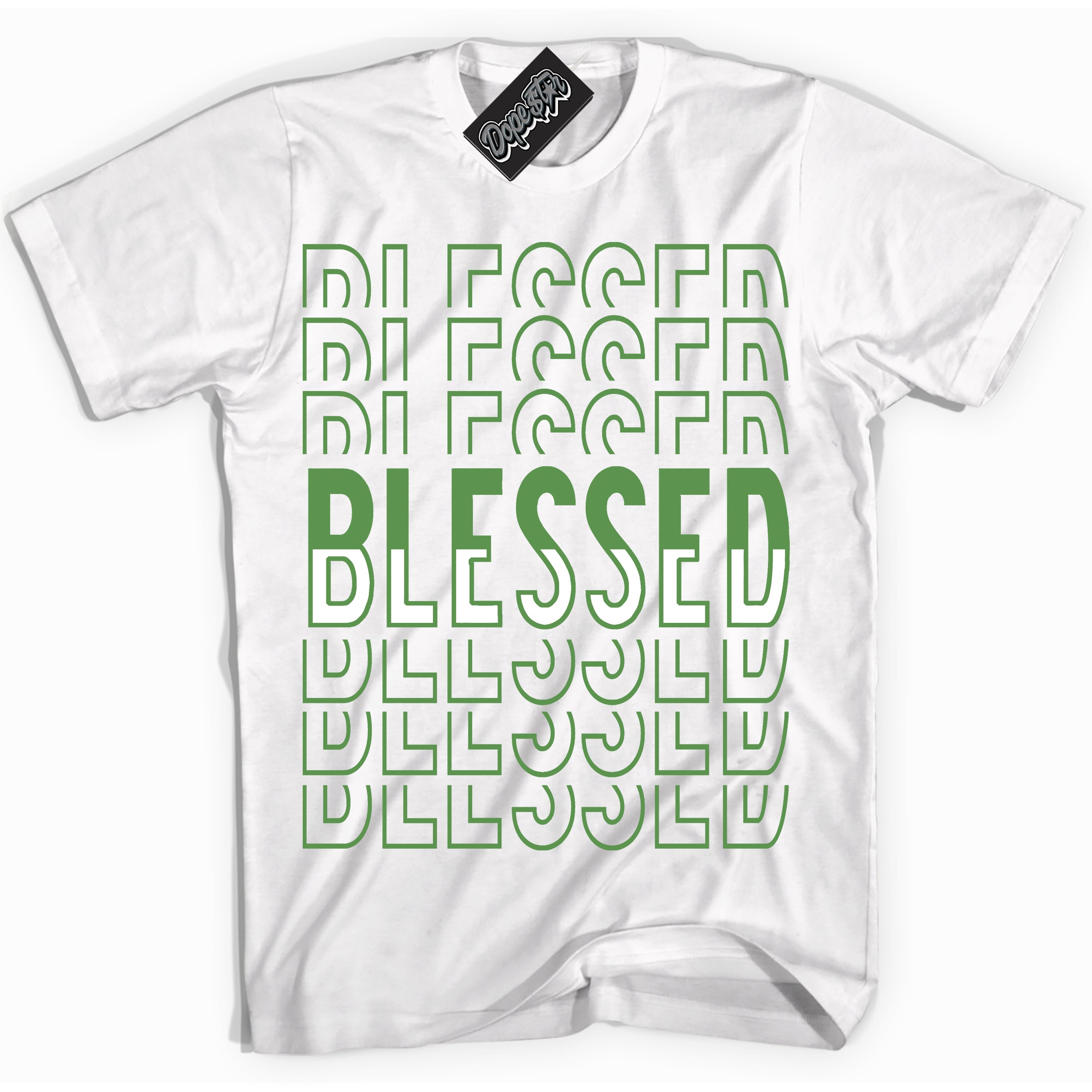 Cool White Shirt with “ Blessed Stacked ” design that perfectly matches Chlorophyll 1s Jordans.
