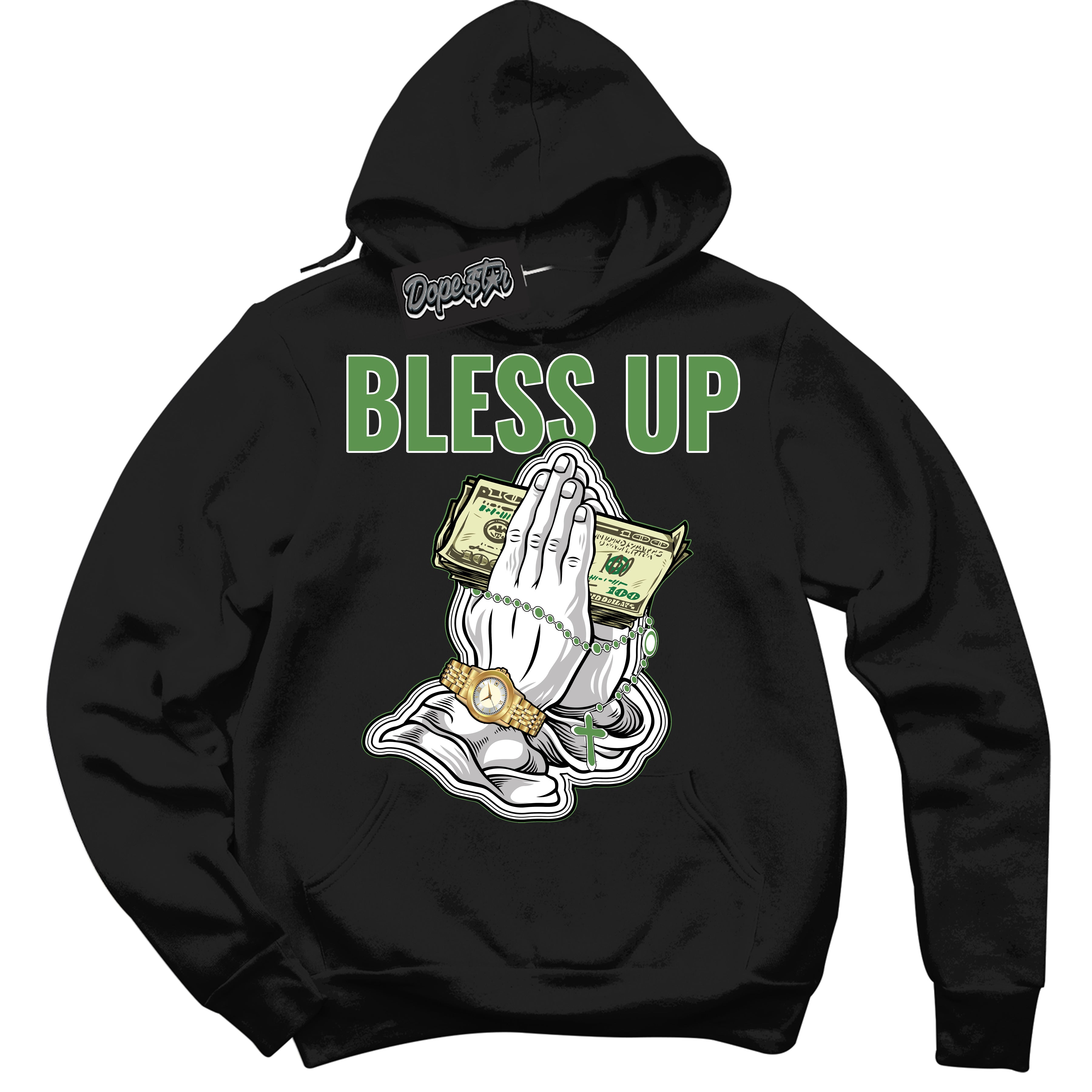 Cool Black Hoodie with “ Bless Up ”  design that Perfectly Matches Chlorophyll 1s Jordans.
