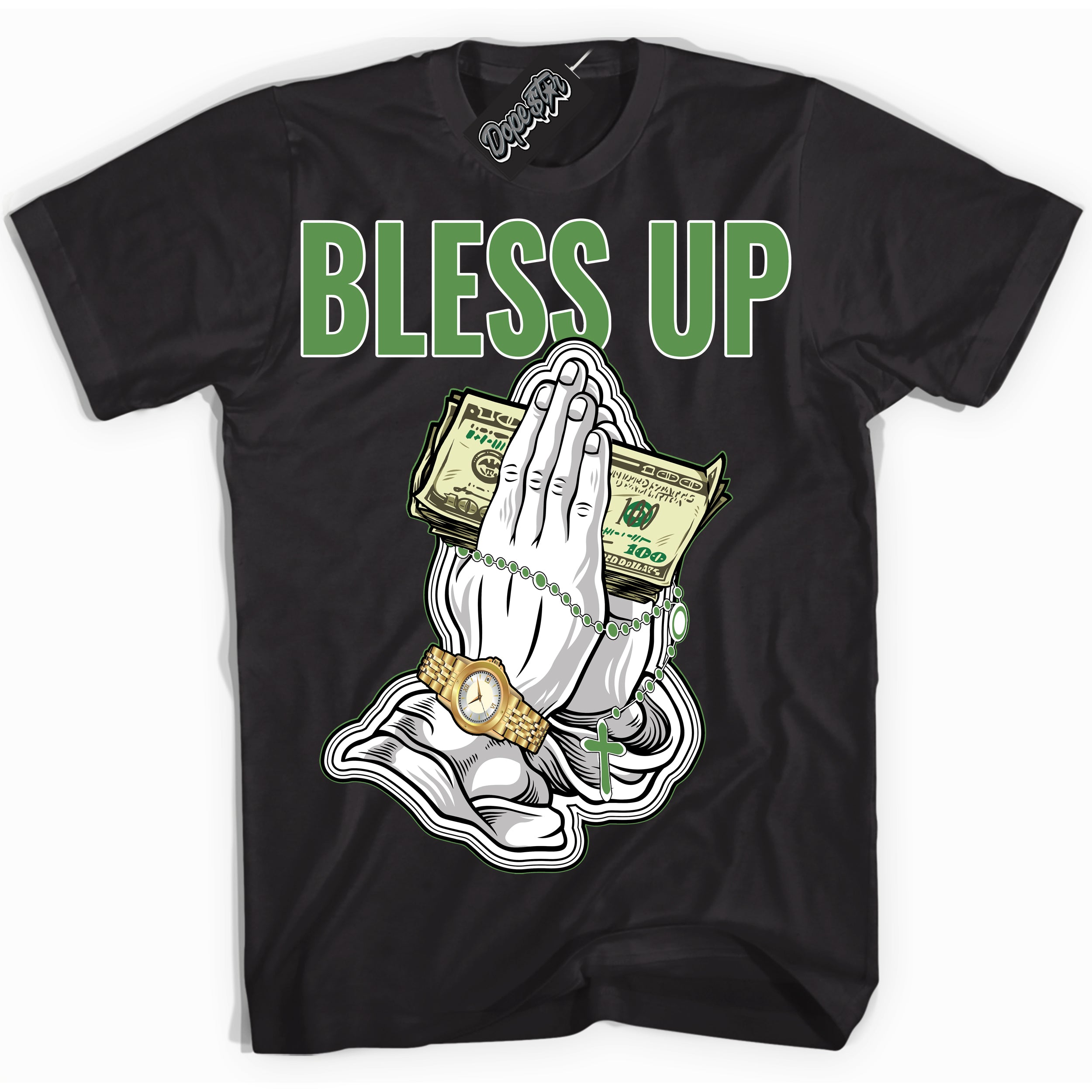 Cool Black Shirt with “ Bless Up ” design that perfectly matches Chlorophyll 1s Jordans.
