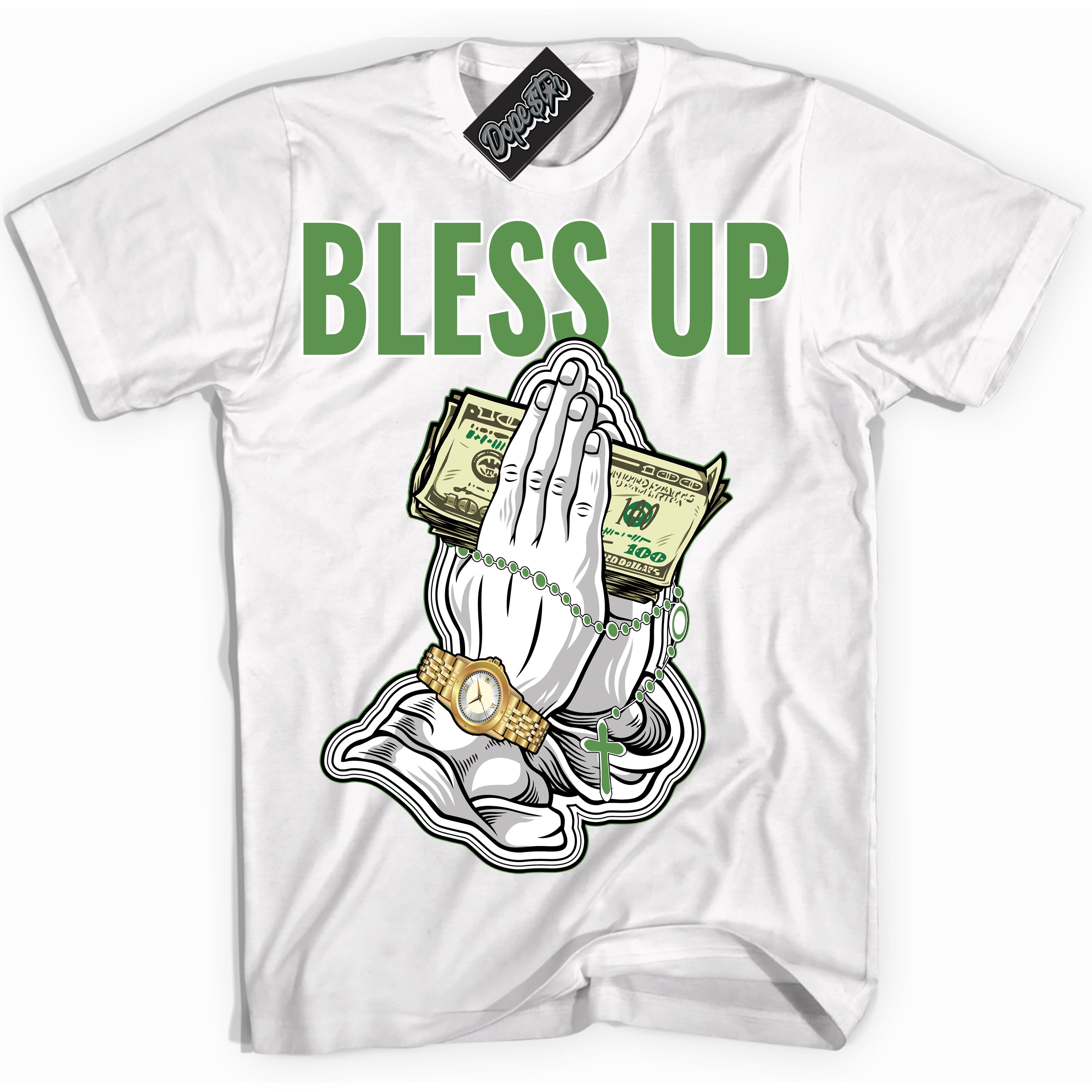 Cool White Shirt with “ Bless Up ” design that perfectly matches Chlorophyll 1s Jordans.
