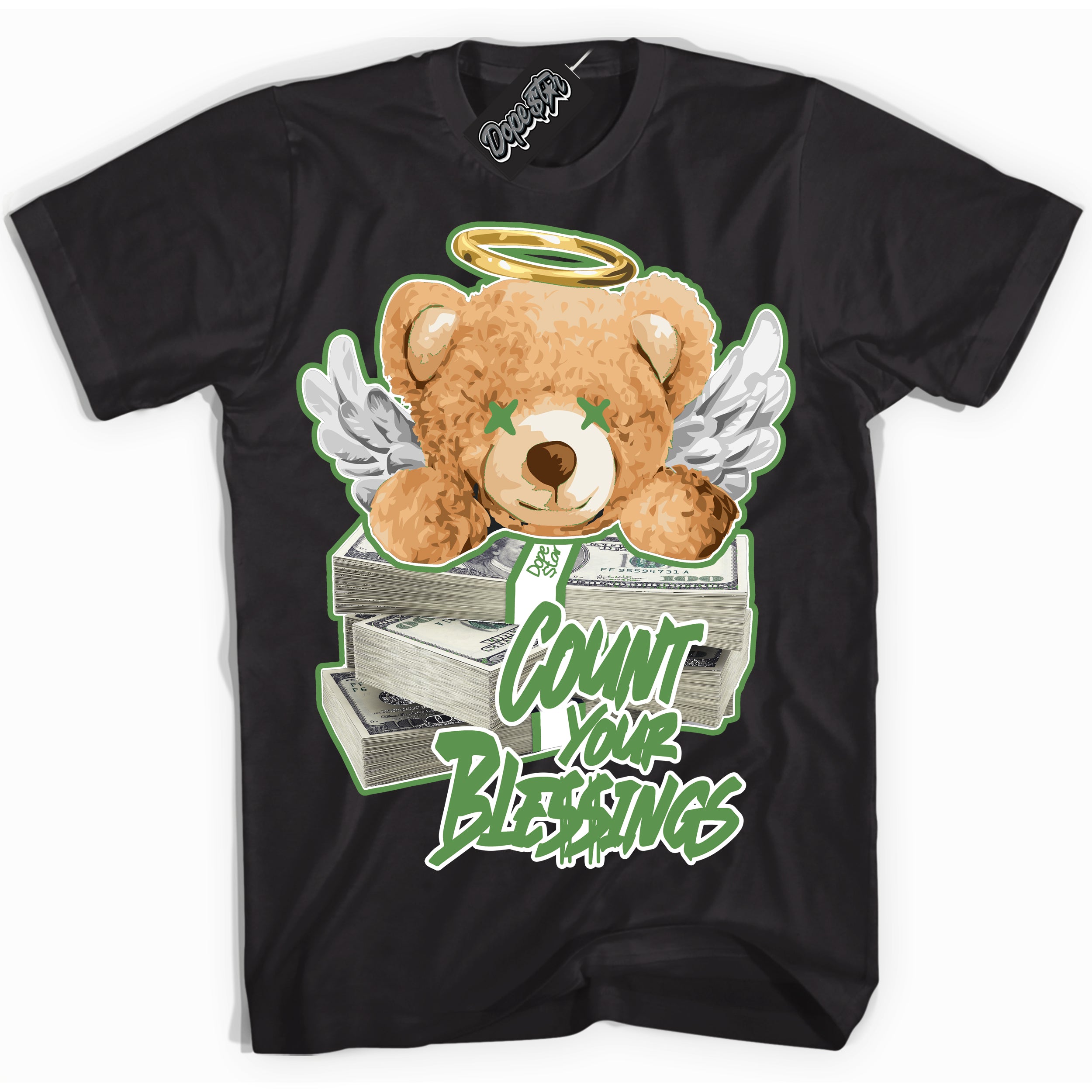 Cool Black Shirt with “ Count Your Blessings ” design that perfectly matches Chlorophyll 1s Jordans.
