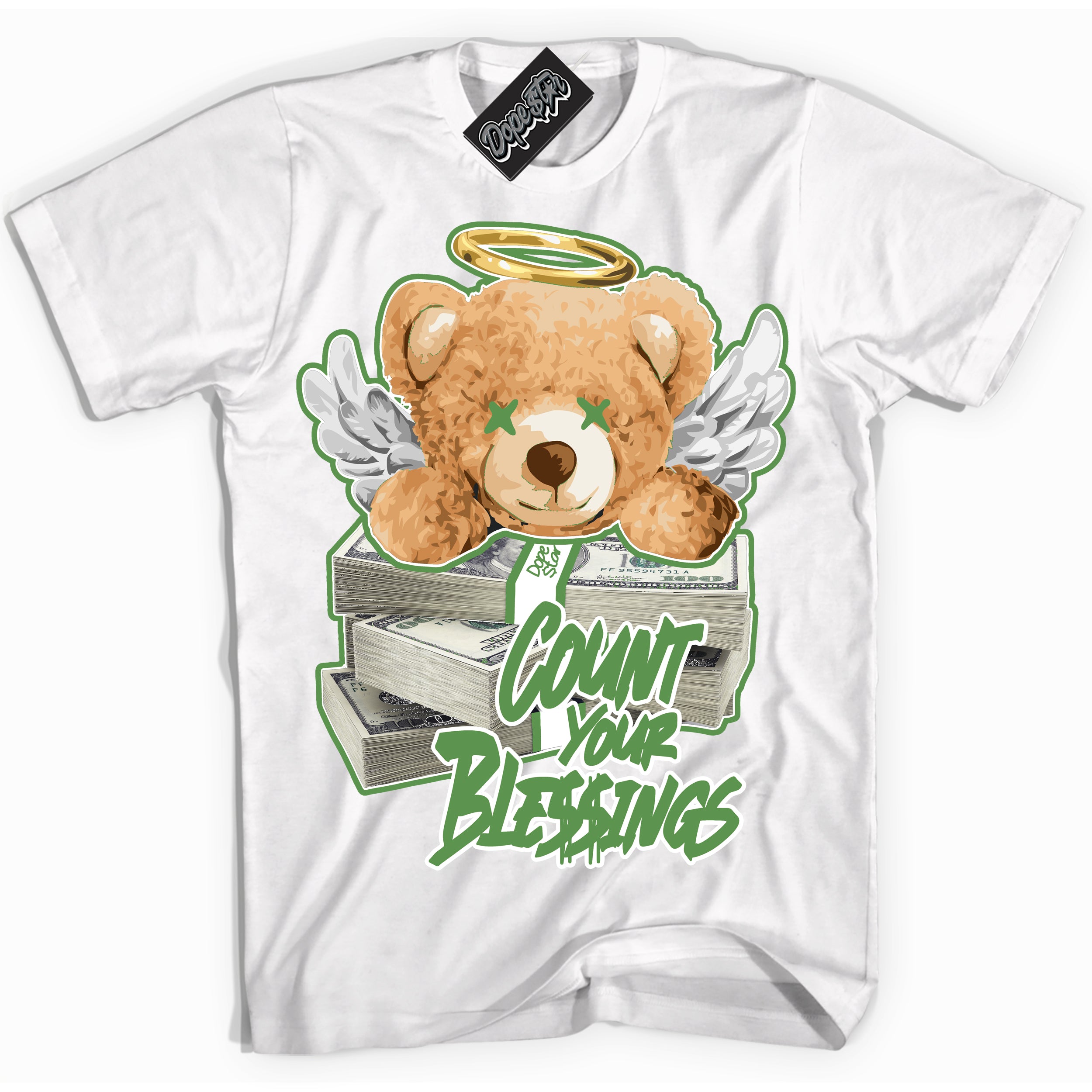 Cool White Shirt with “ Count Your Blessings ” design that perfectly matches Chlorophyll 1s Jordans.
