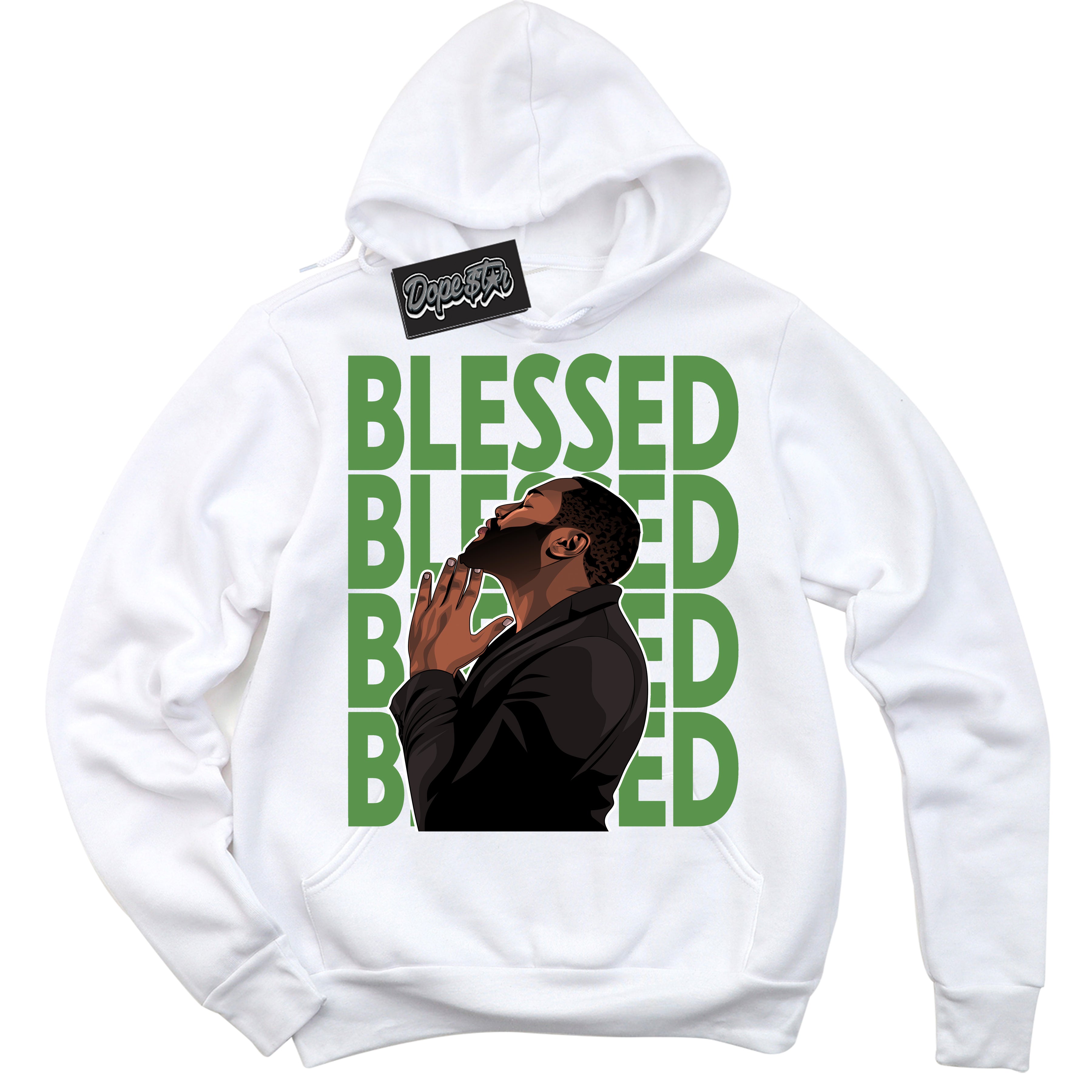 Cool White Hoodie with “ God Blessed ”  design that Perfectly Matches Chlorophyll 1s Jordans.
