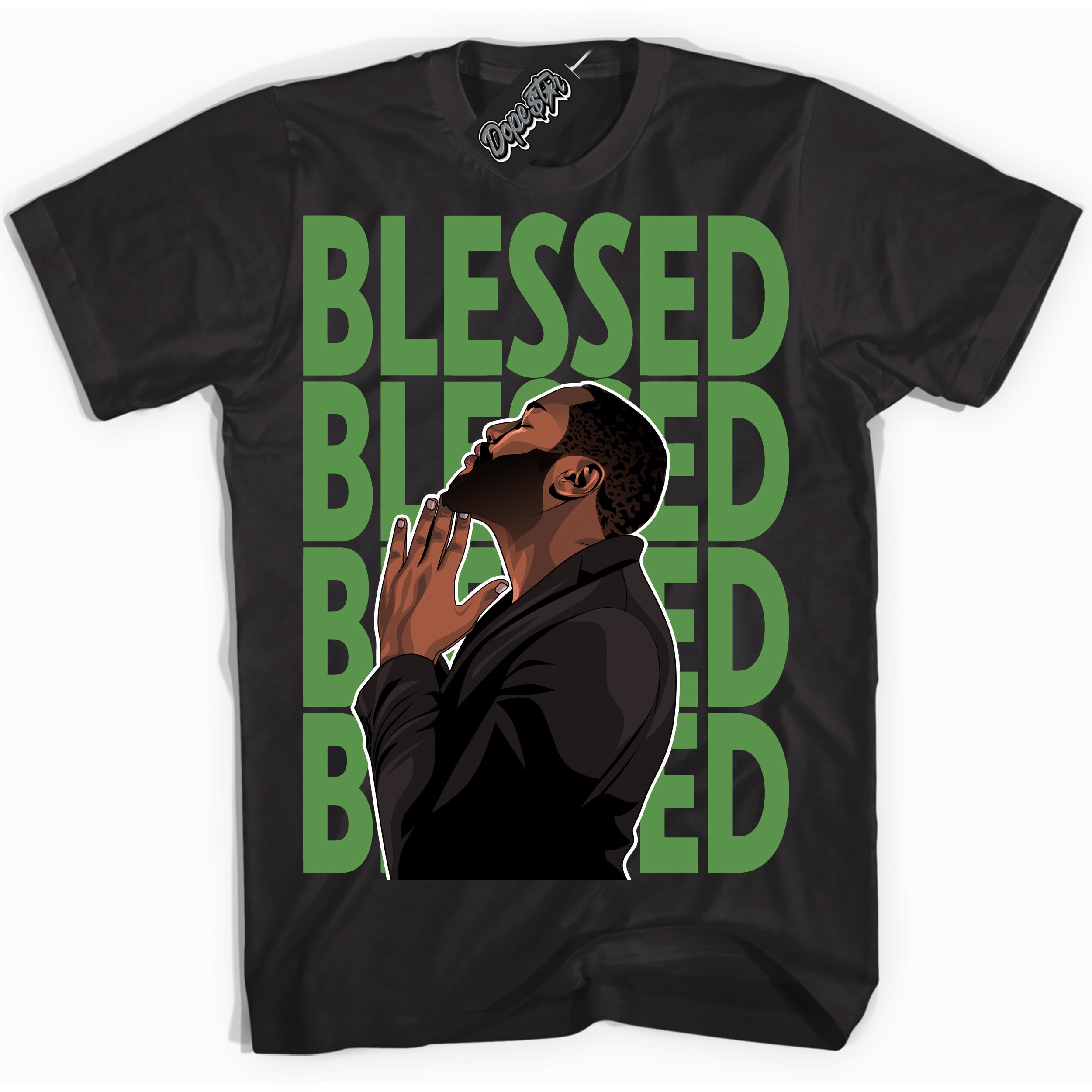 Cool Black Shirt with “ God Blessed ” design that perfectly matches Chlorophyll 1s Jordans.