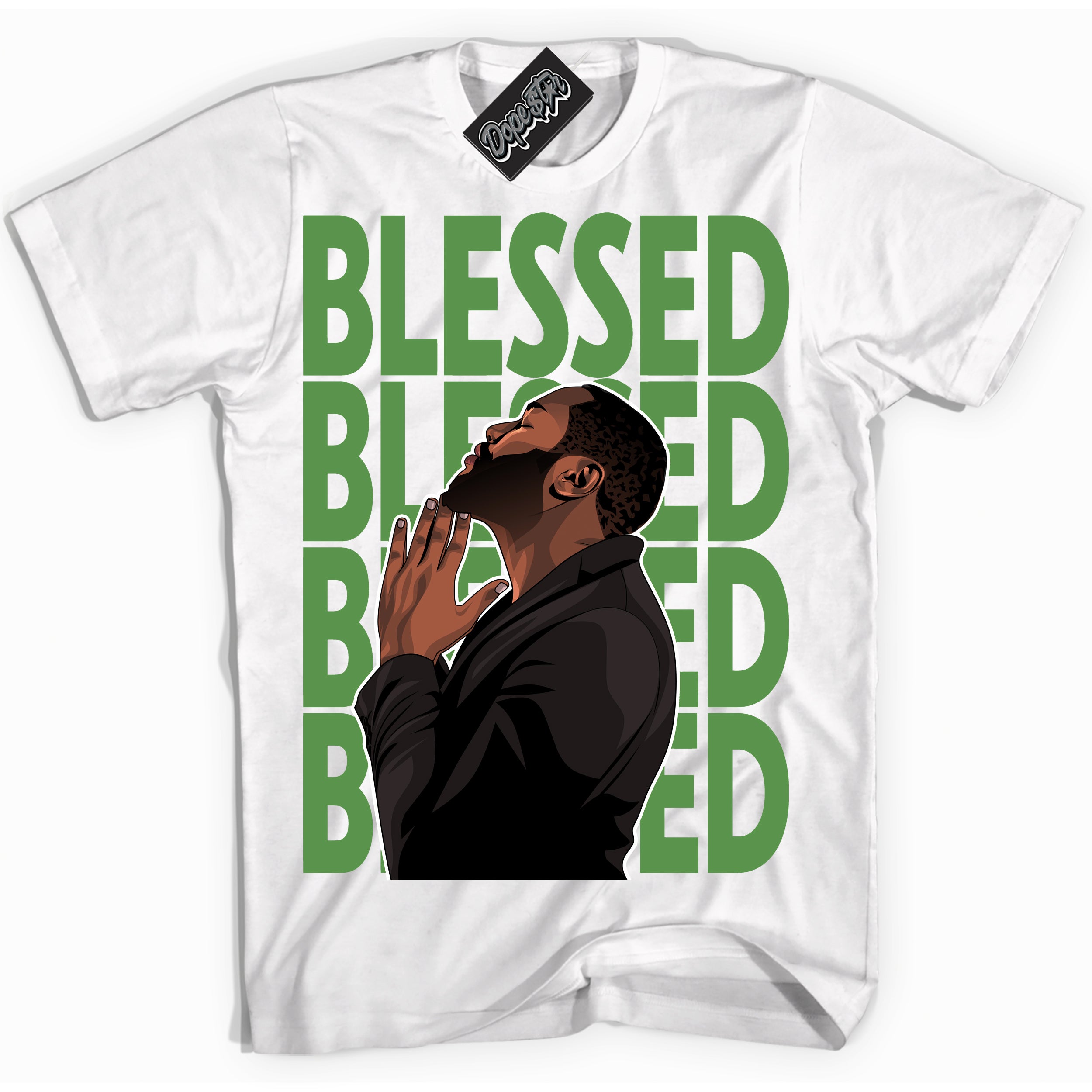 Cool White Shirt with “ God Blessed ” design that perfectly matches Chlorophyll 1s Jordans.
