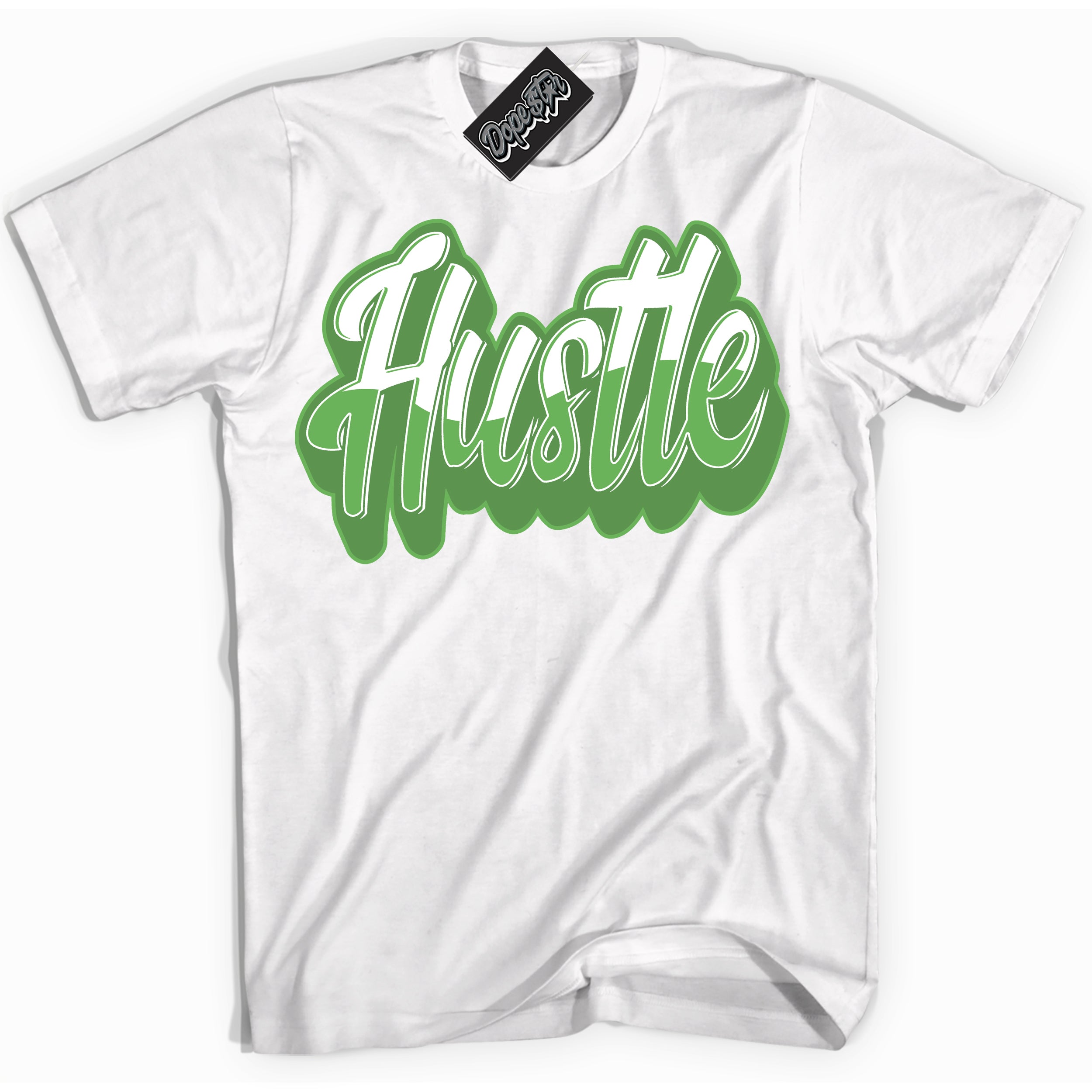 Cool White Shirt with “ Hustle ” design that perfectly matches Chlorophyll 1s Jordans.
