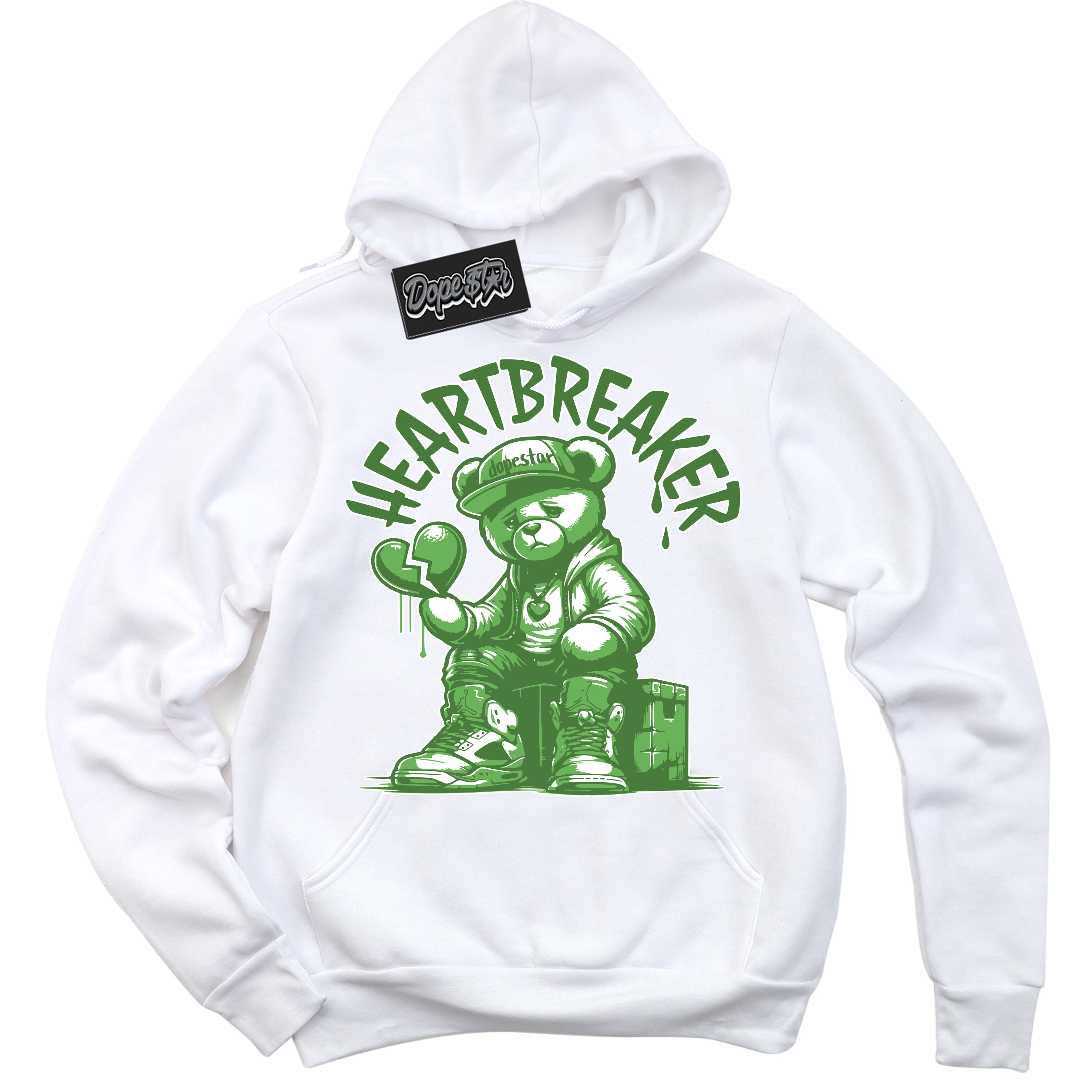 Cool White Hoodie with “ Heartbreaker Bear ”  design that Perfectly Matches Chlorophyll 1s Jordans.
