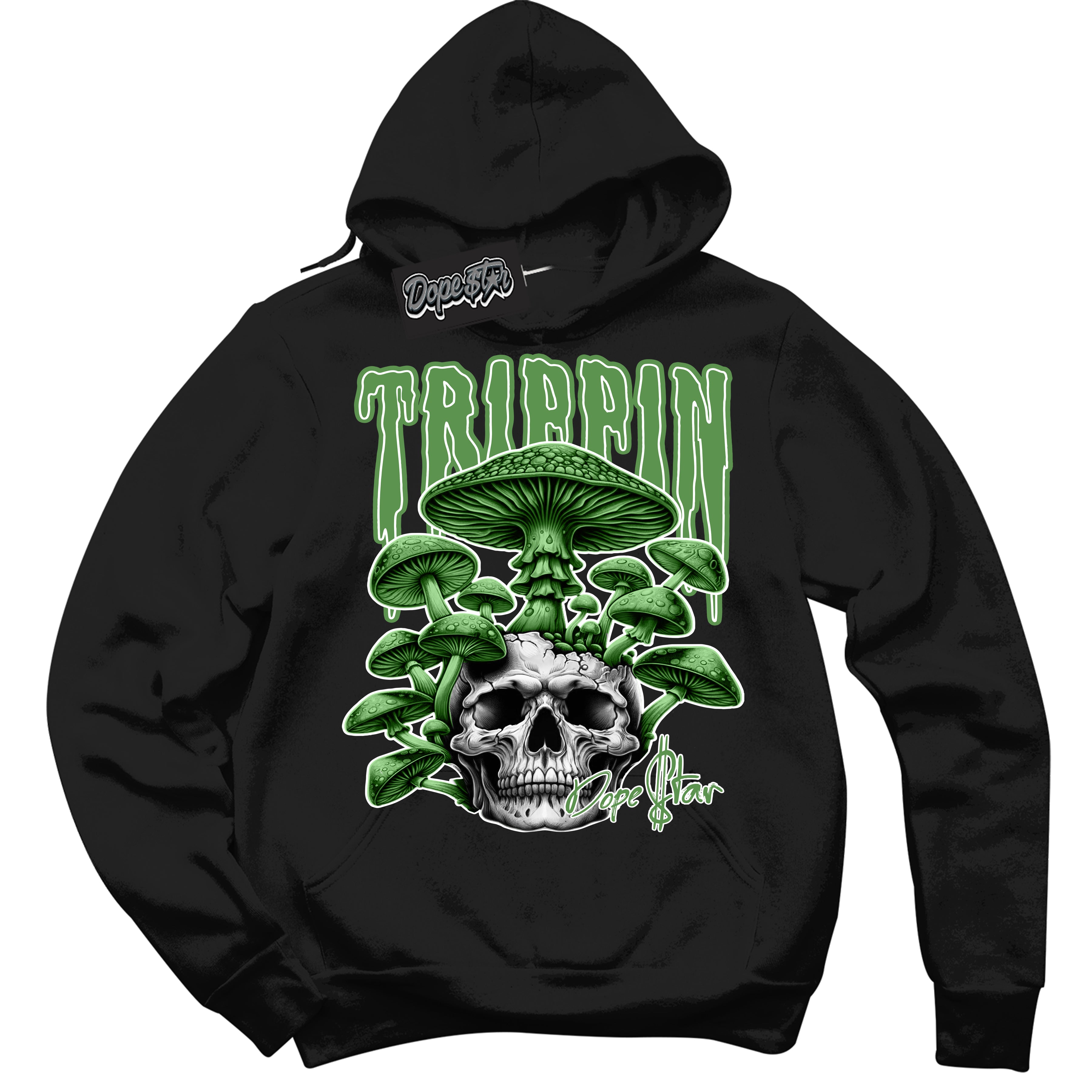 Cool Black Hoodie with “Trippin” design that Perfectly Matches Chlorophyll 1s Sneakers.